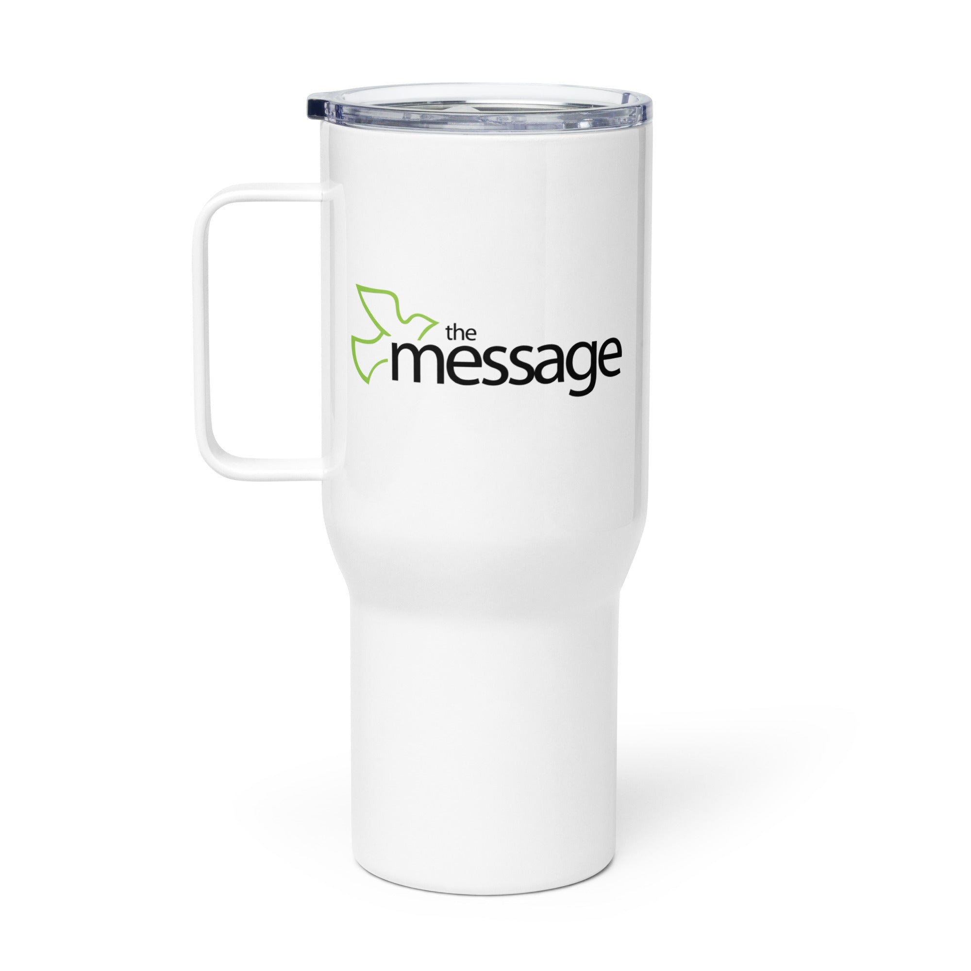 White travel mug with a handle featuring 'the message' logo in black and green.