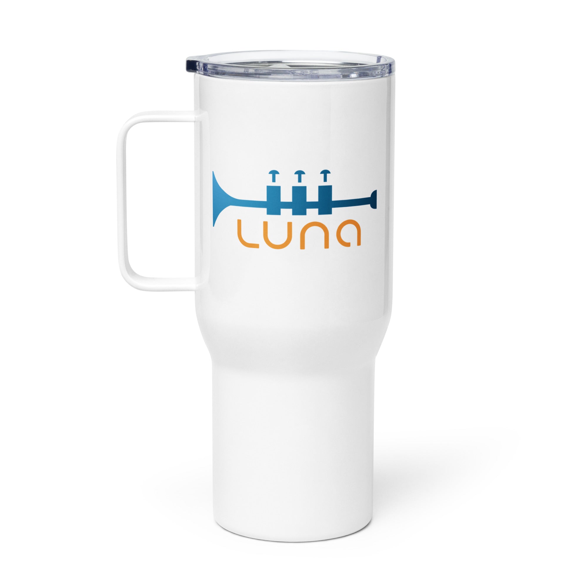 White travel mug with a blue trumpet design and 'LUNA' logo in orange text.