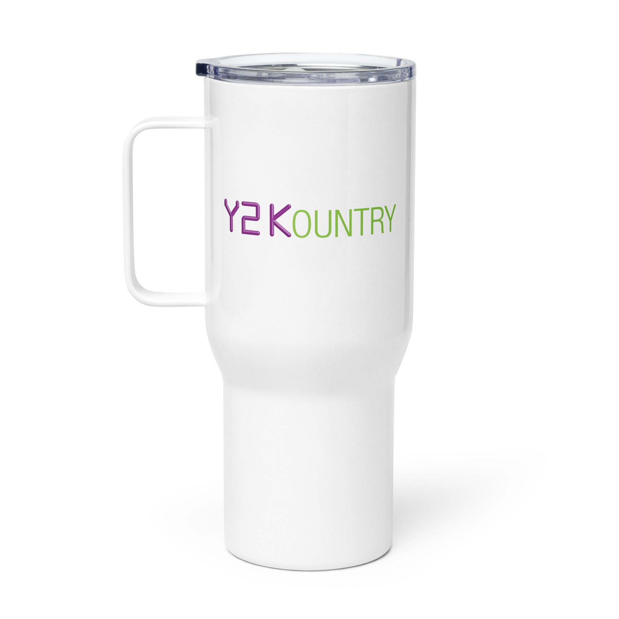 White travel mug with a handle, featuring the text 'Y2KOUNTRY' in purple and green.