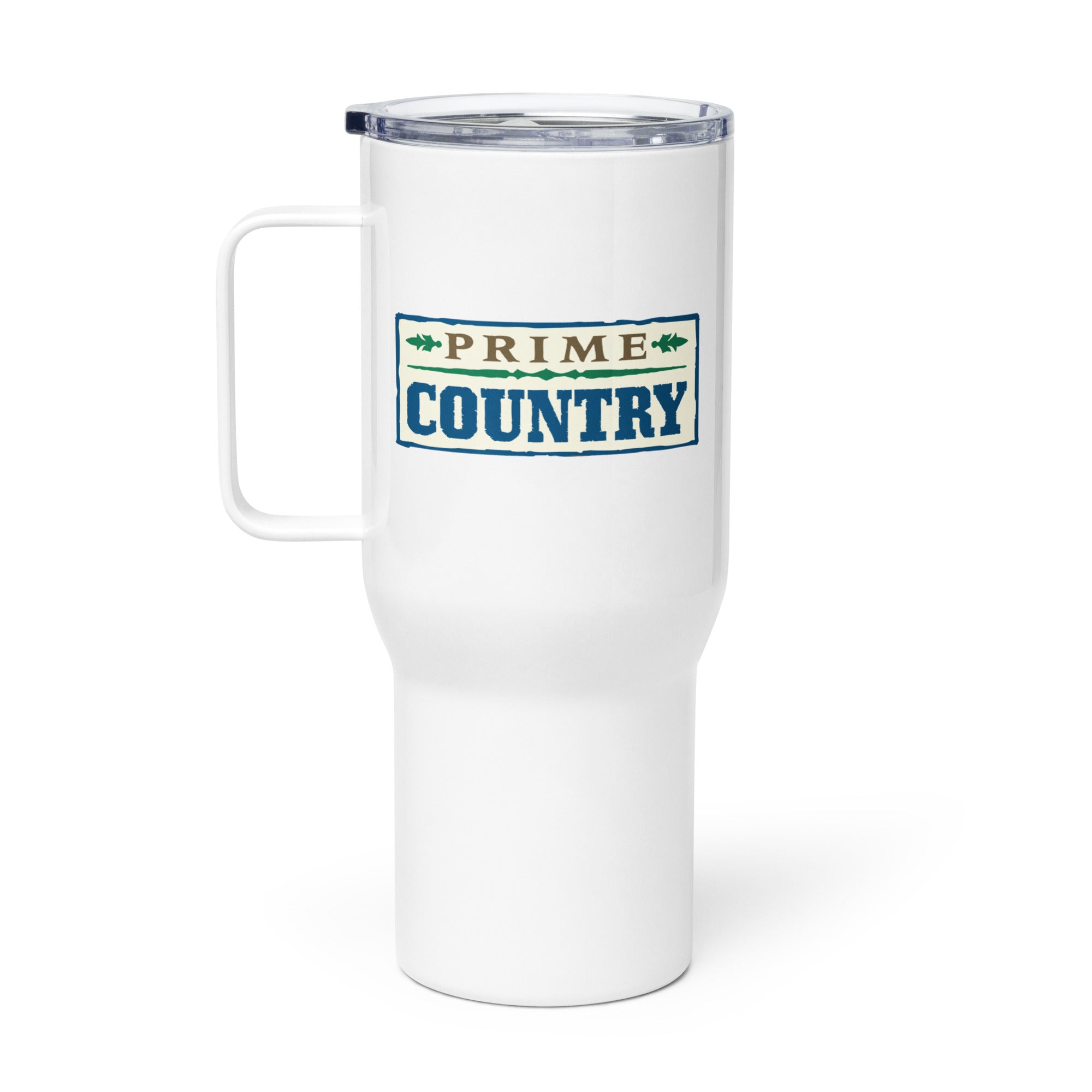 Insulated white travel mug with 'PRIME COUNTRY' logo and handle.