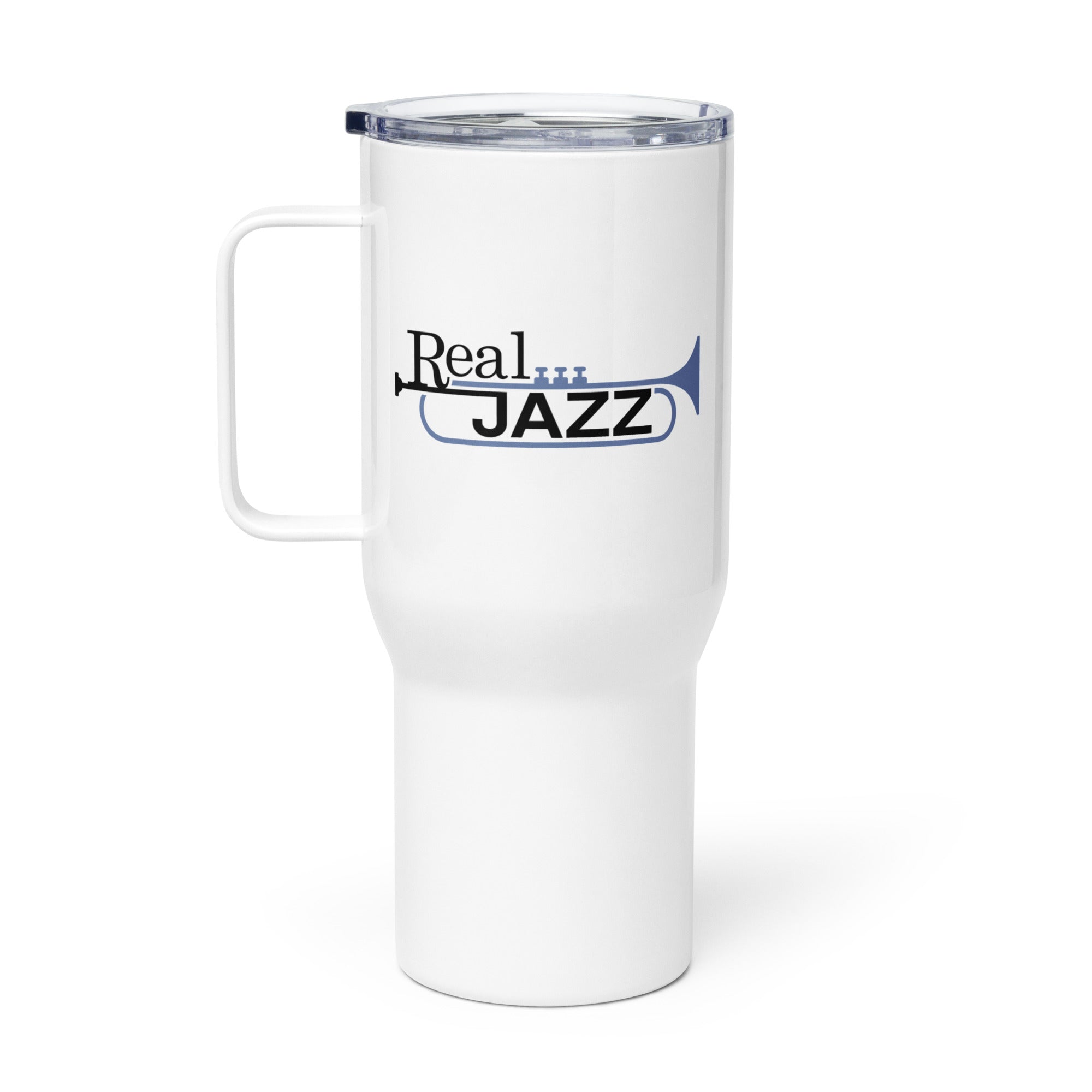 White travel mug with 'Real Jazz' text and a trumpet graphic.