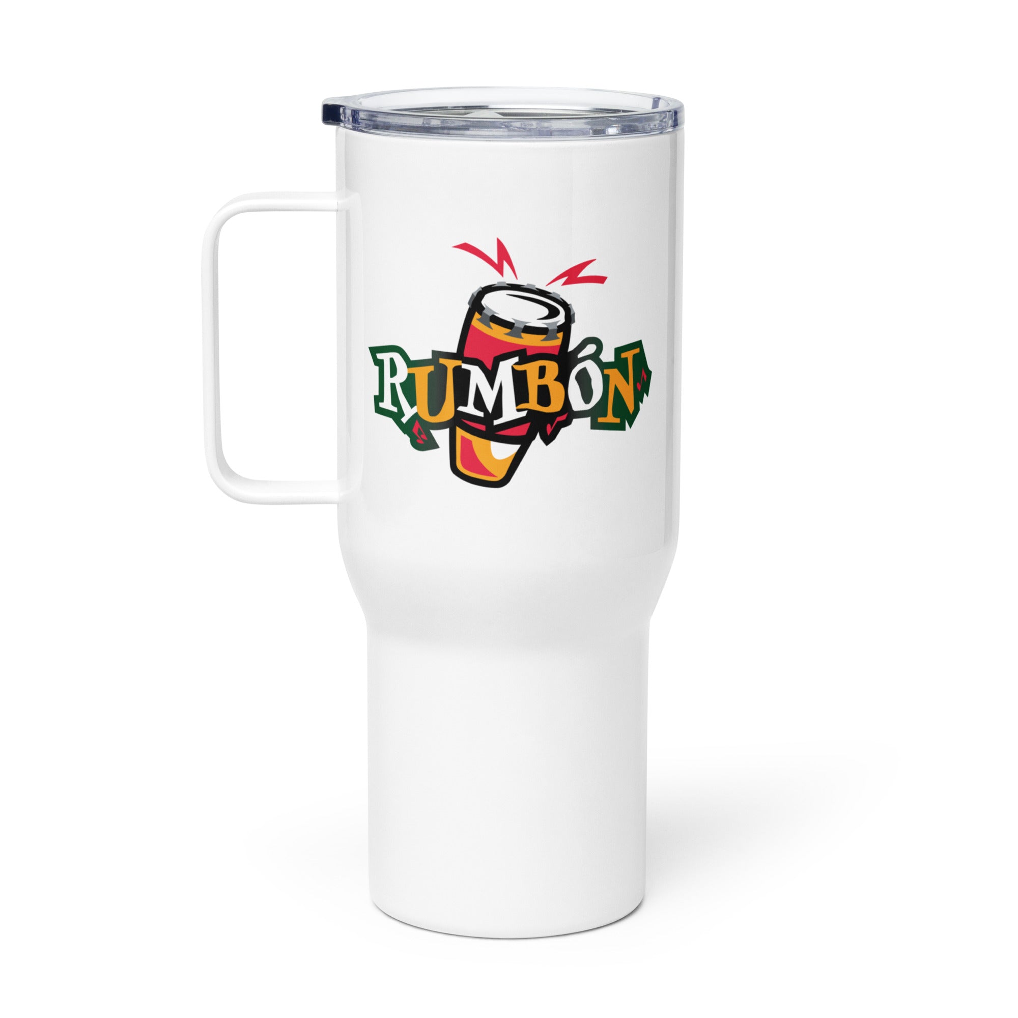 White travel mug with the word 'RUMBÓN' and a graphic of a bongo drumb, featuring vibrant colors and a handle.