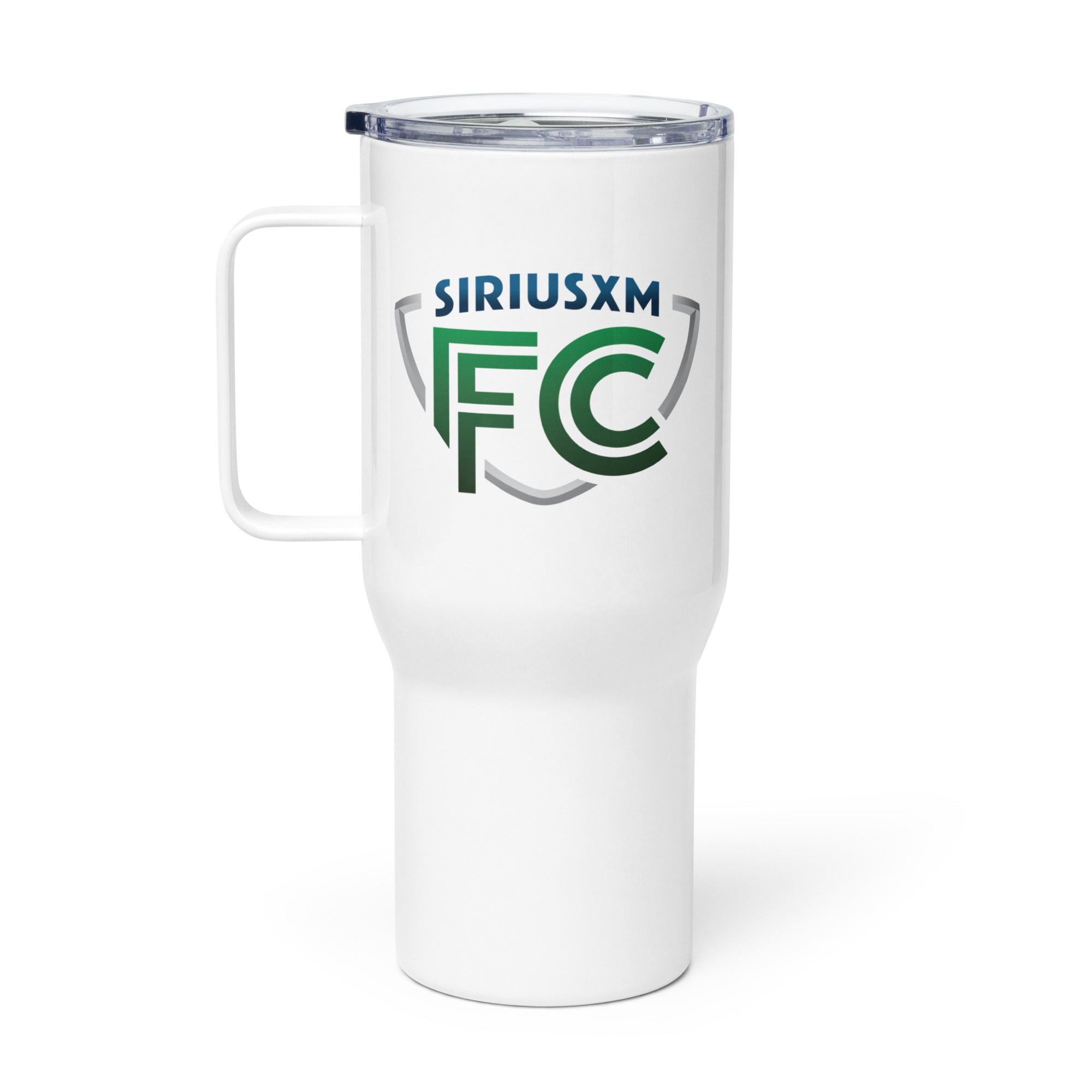 White travel mug with 'SiriusXM FC' logo and green accents, featuring a clear lid and a sturdy handle.