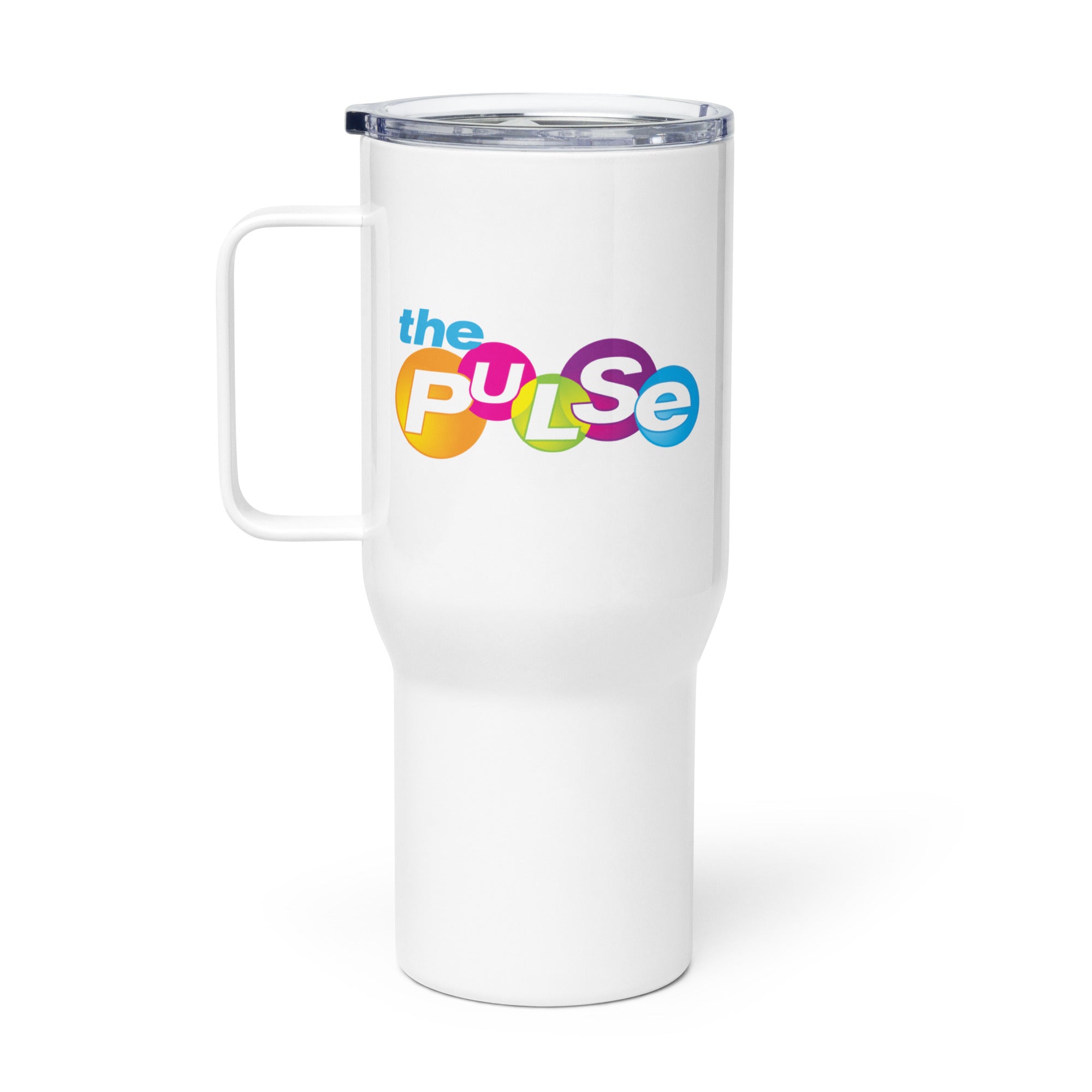 White travel mug with the colorful text 'the PULSe' printed on it.