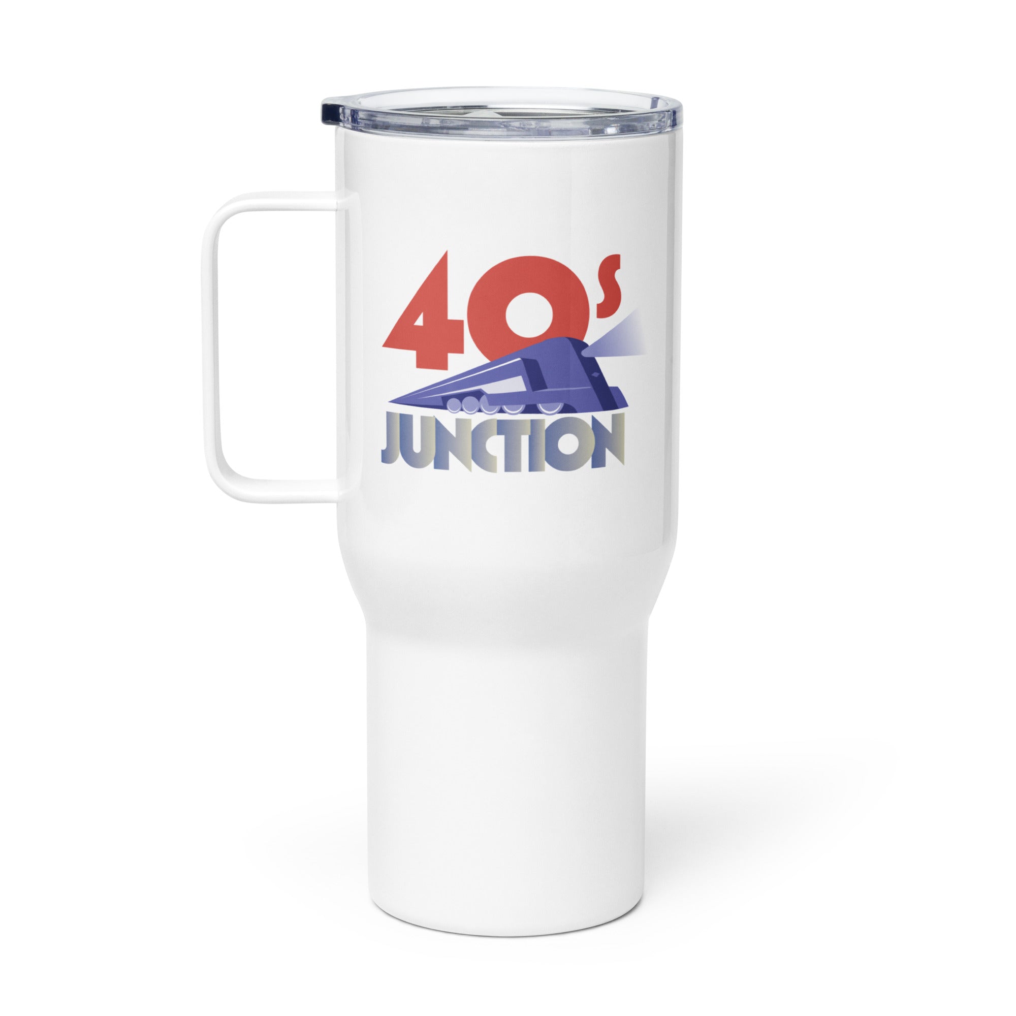 White travel mug with '40's Junction' retro logo and train design.