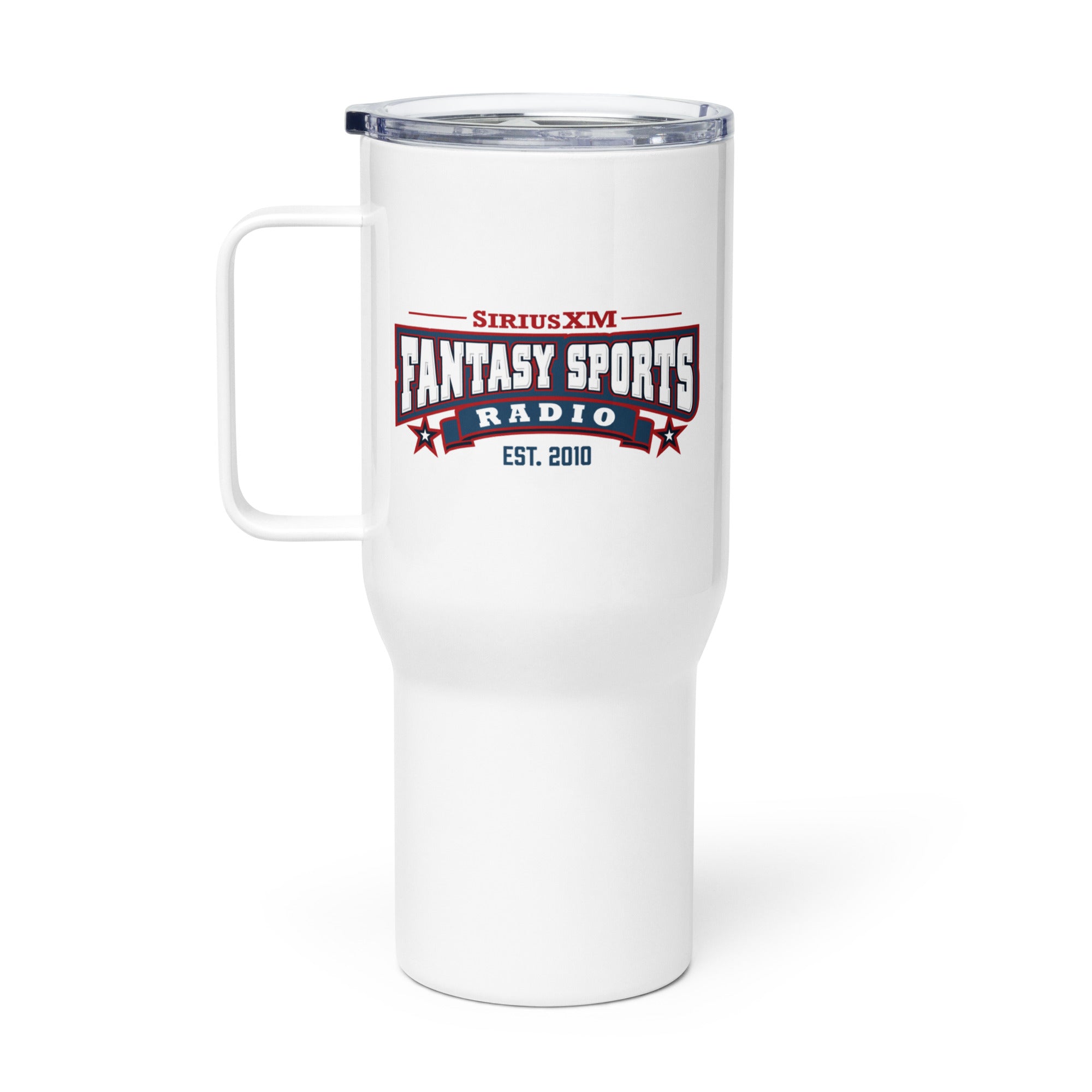 White travel mug with clear plastic lid and sturdy handle  'SiriusXM Fantasy Sports Radio established 2010' logo.