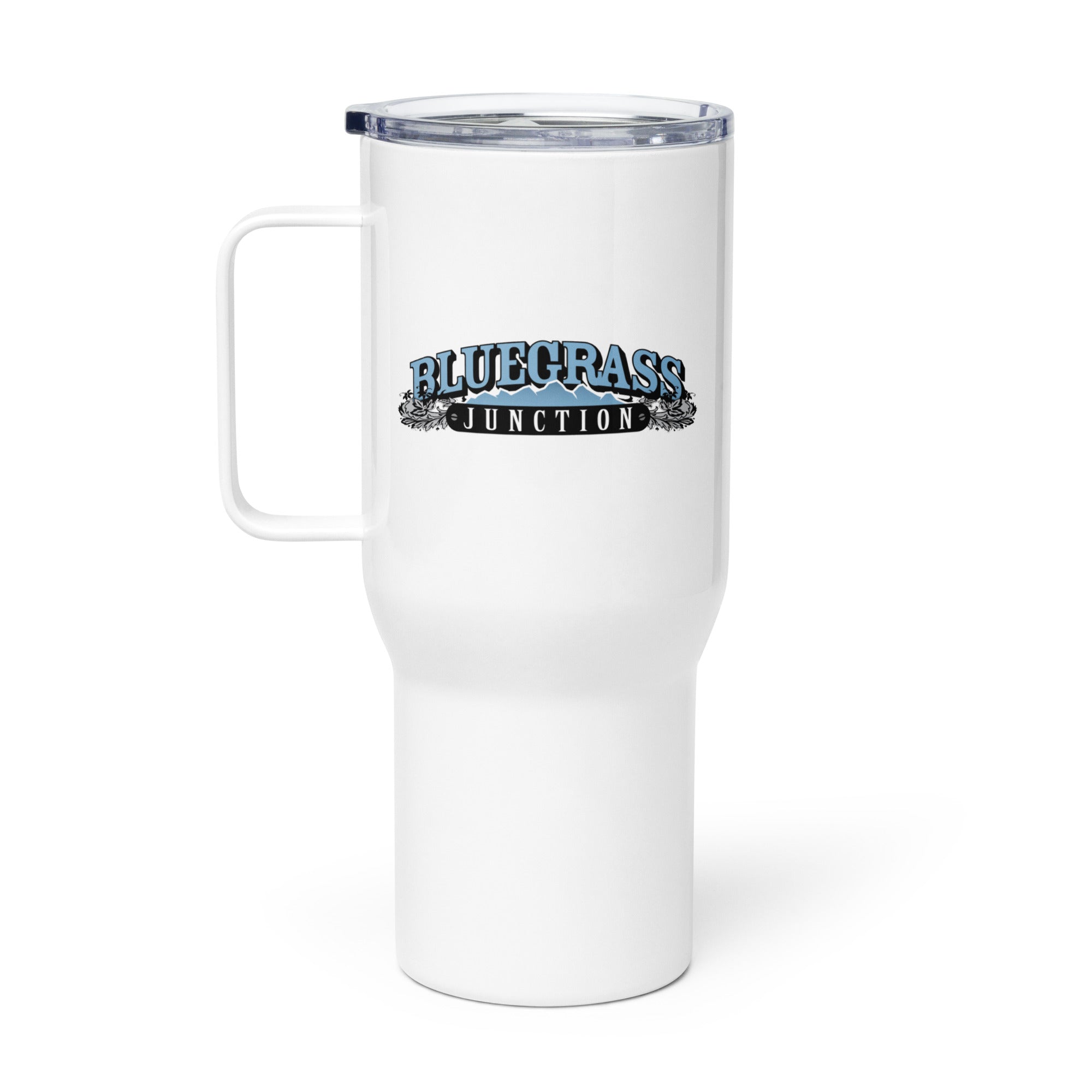 White travel mug featuring the 'Bluegrass Junction' logo in blue and black.