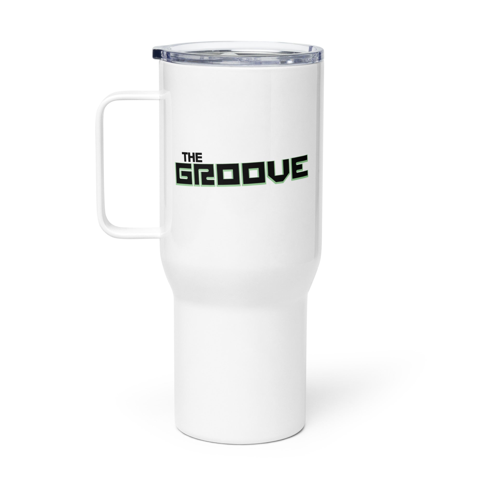 A tall white travel mug featuring the text 'THE GROOVE' in stylized black and green lettering.