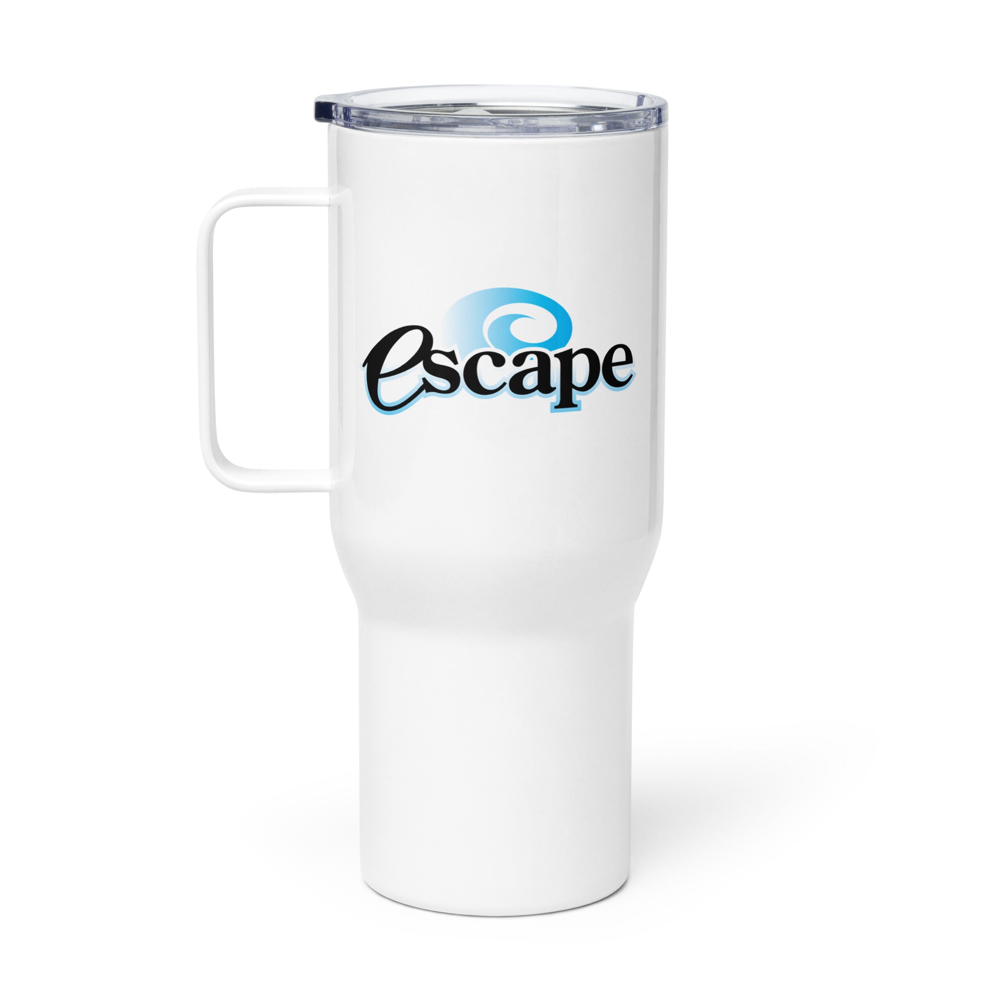 White travel mug with a clear lid and 'escape' logo in black and blue.