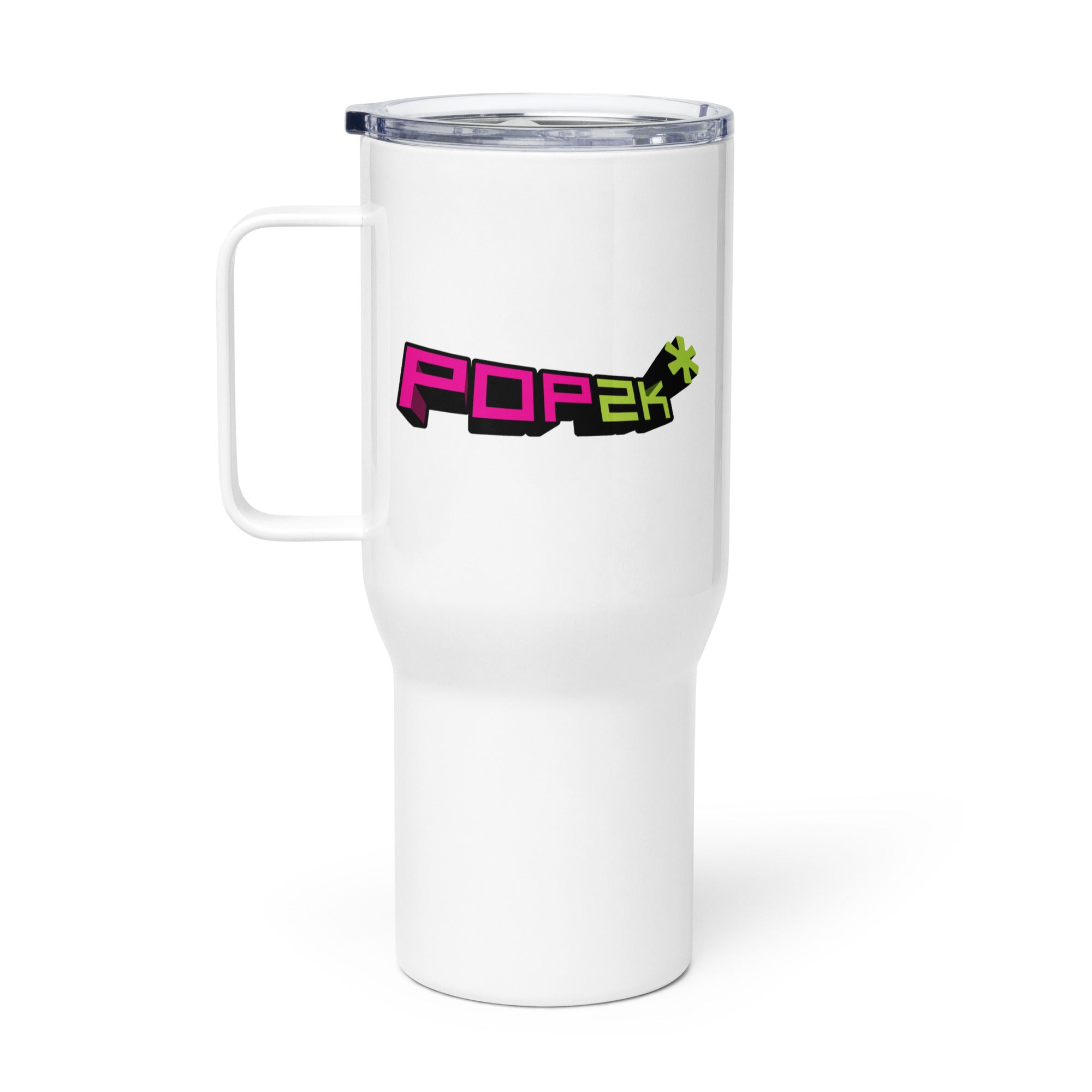 White travel mug with a colorful 'POP2k' logo.