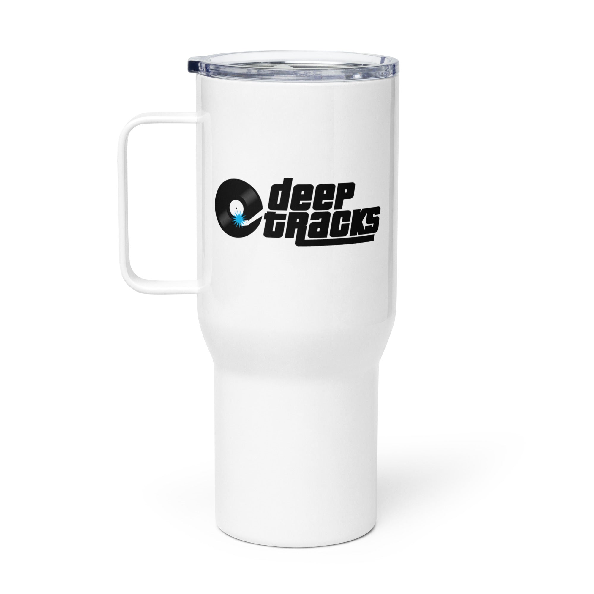 White travel mug with the 'deep TRACKS' logo featuring a vinyl record and stylized text.