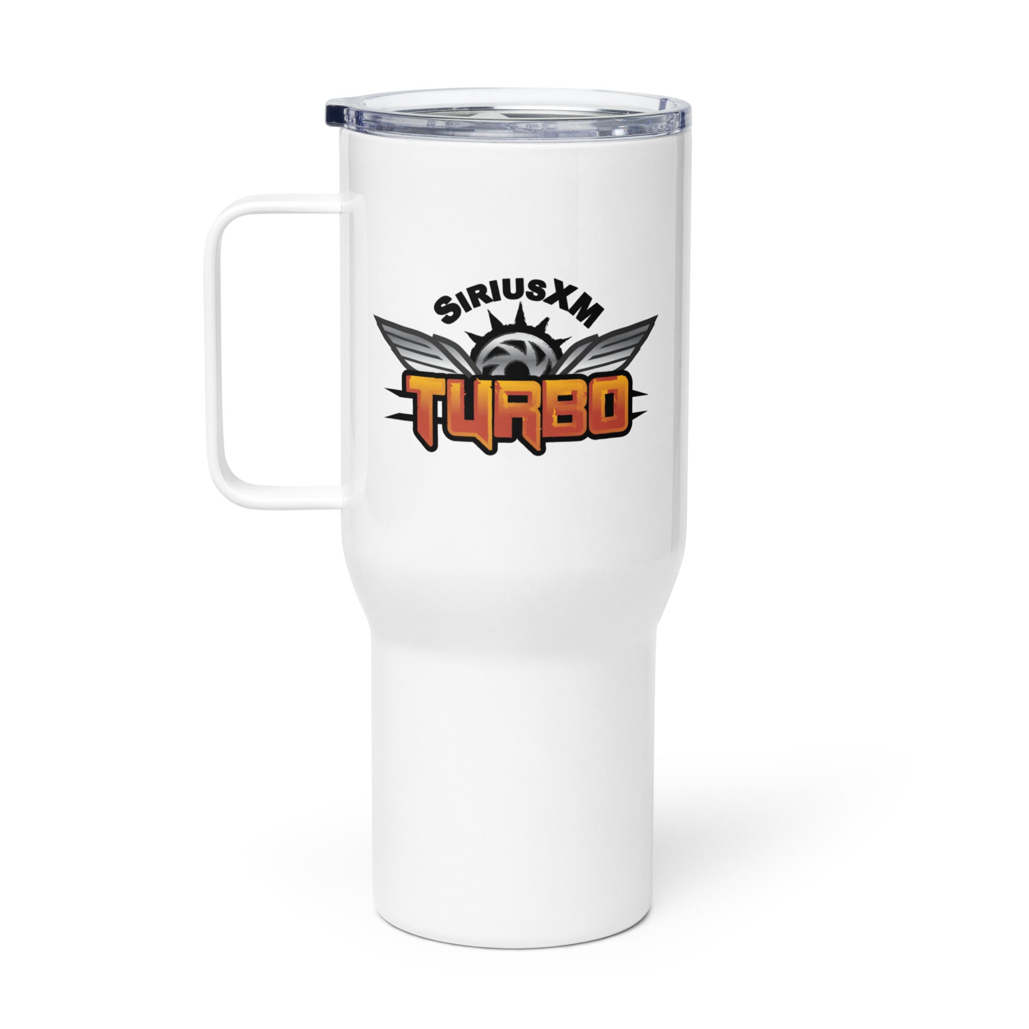 White travel mug featuring the 'SiriusXM Turbo' logo with wings.