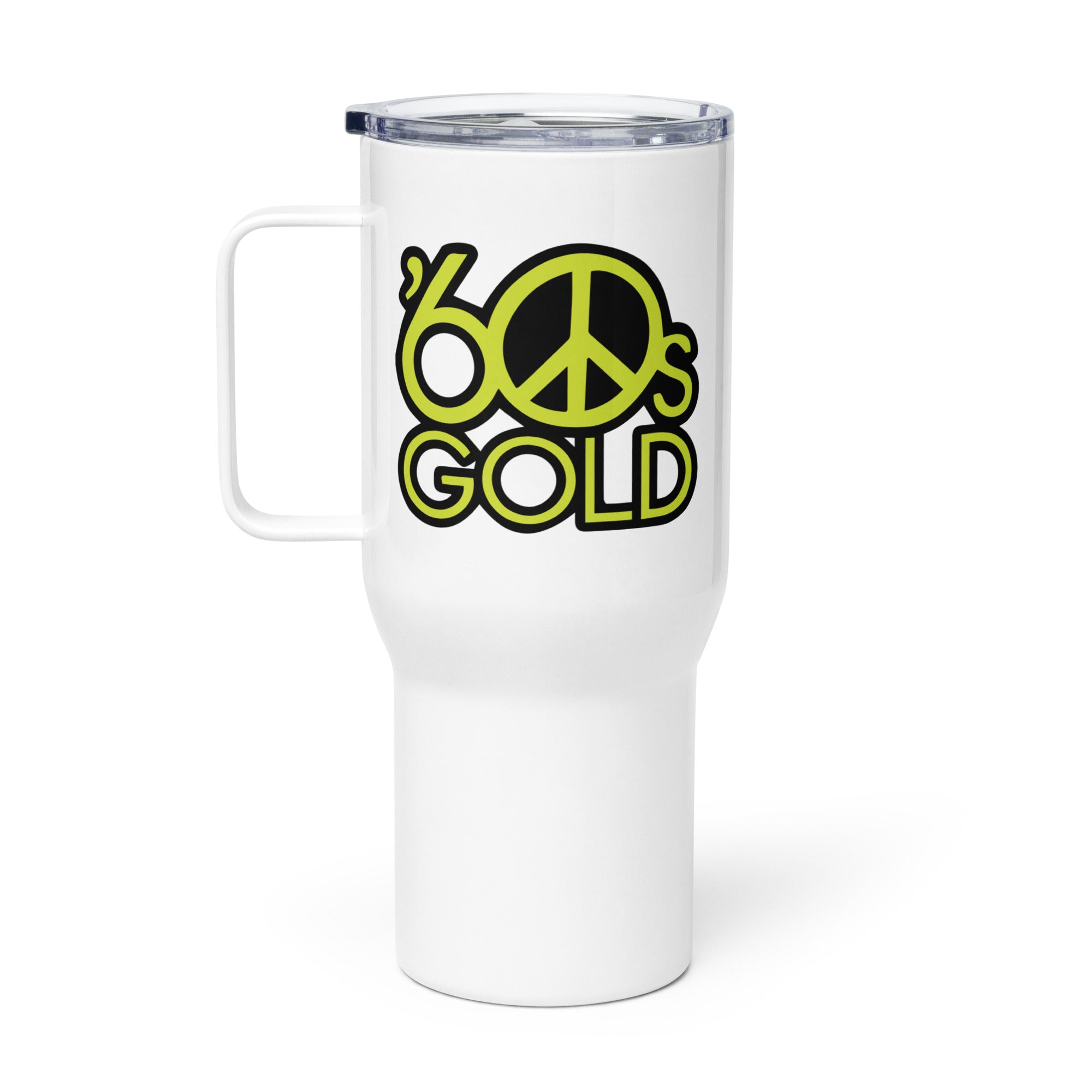 White travel mug with a retro design featuring '60's Gold' logo and a peace symbol in green.