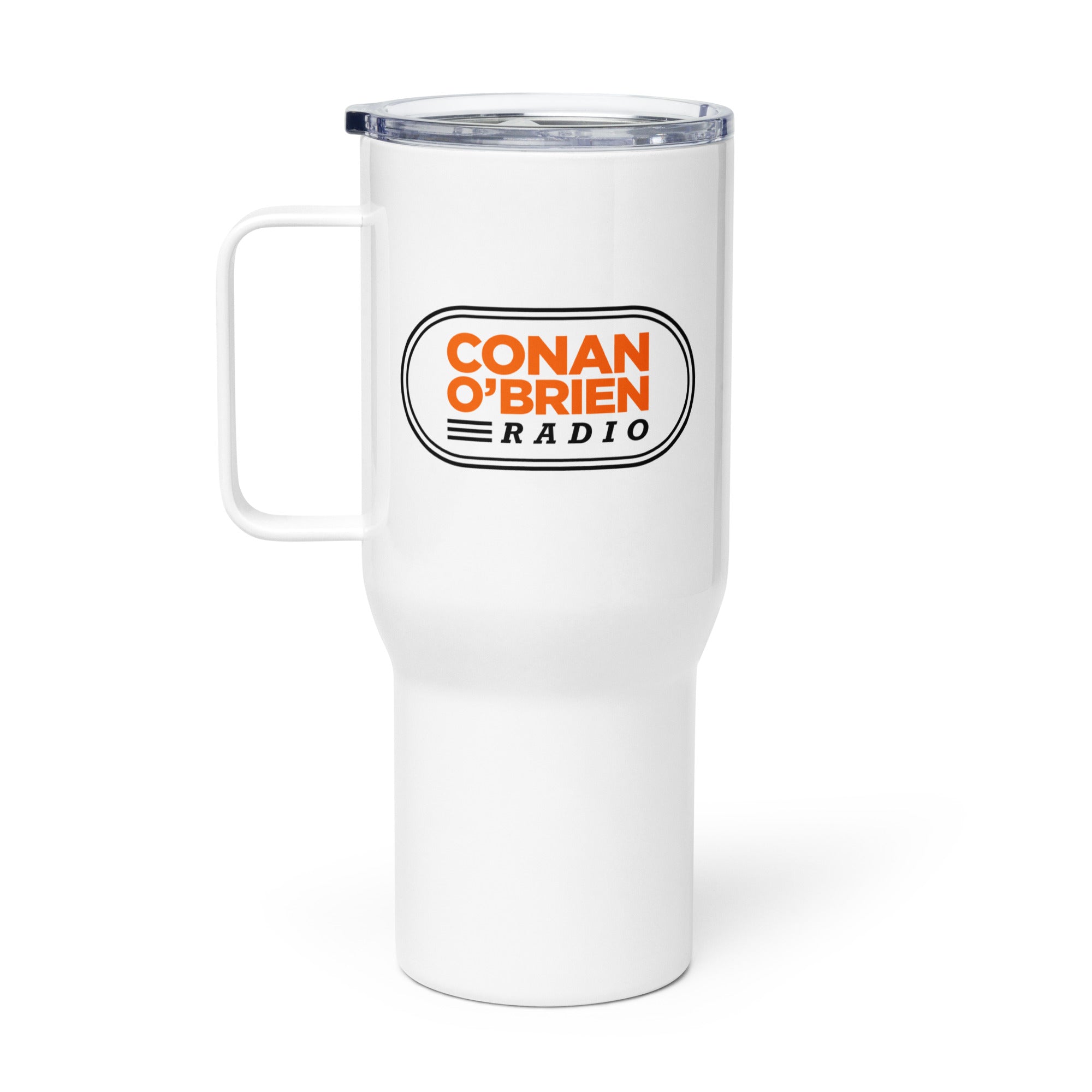 White travel mug featuring 'CONAN O'BRIEN RADIO' logo in orange and black.