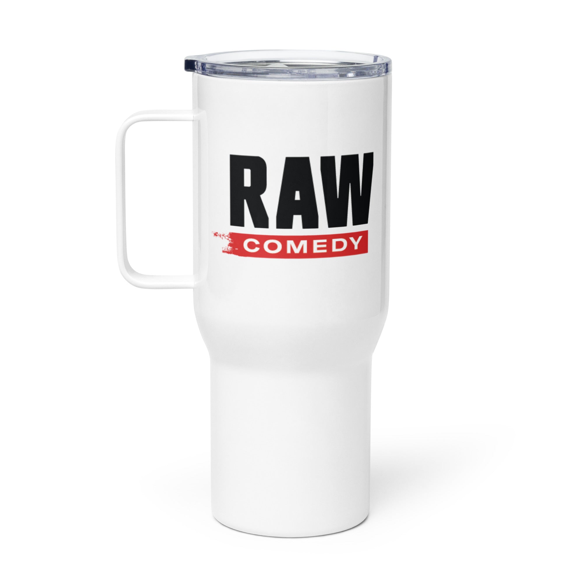 White travel mug featuring 'RAW COMEDY' logo in bold black and red.