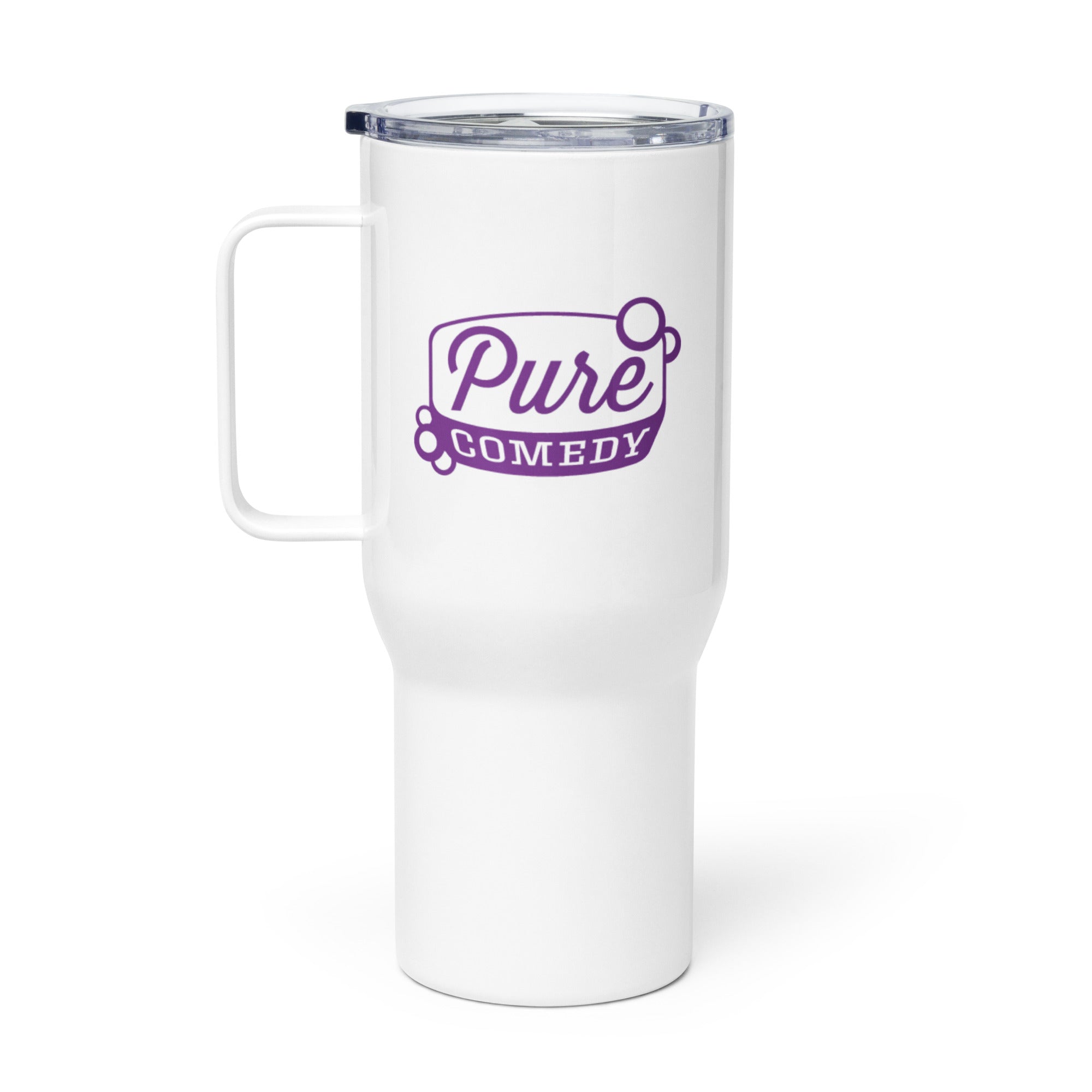 White travel mug with 'Pure Comedy' logo in purple.