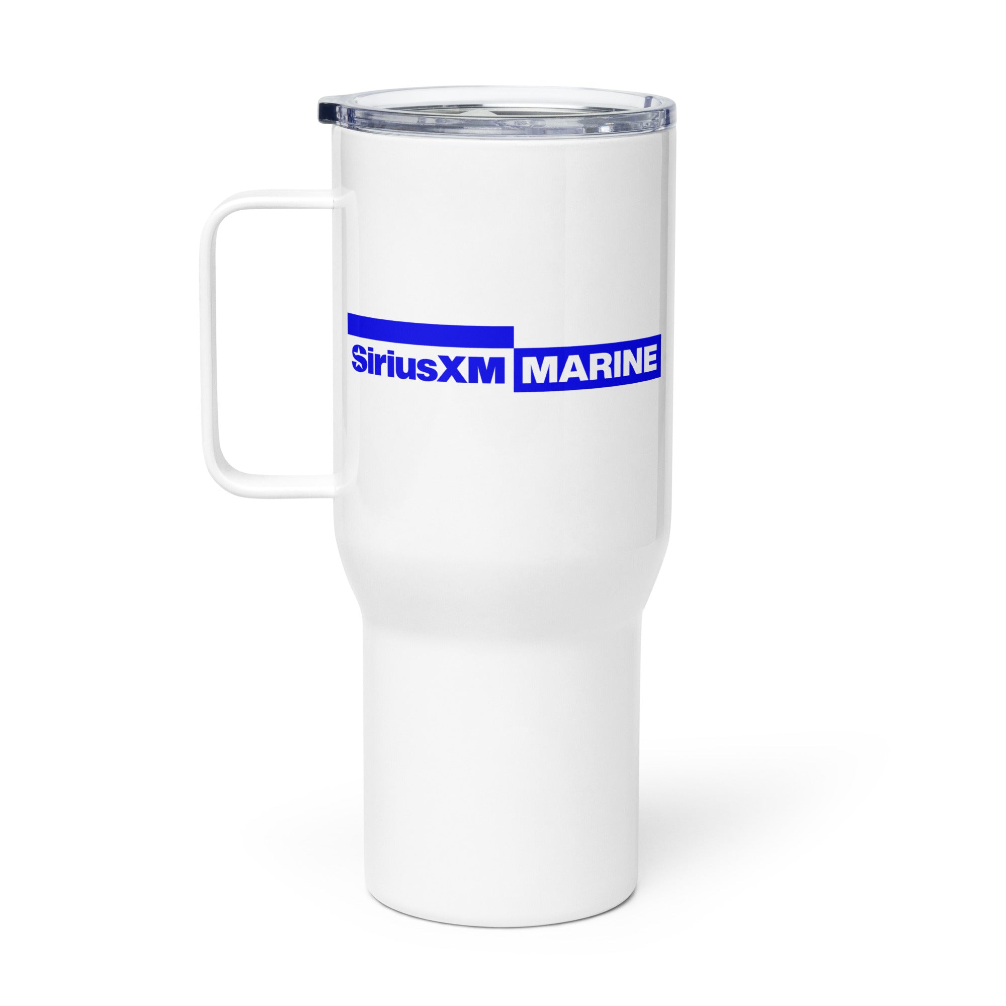 White travel mug with blue 'SiriusXM MARINE' logo and clear lid.