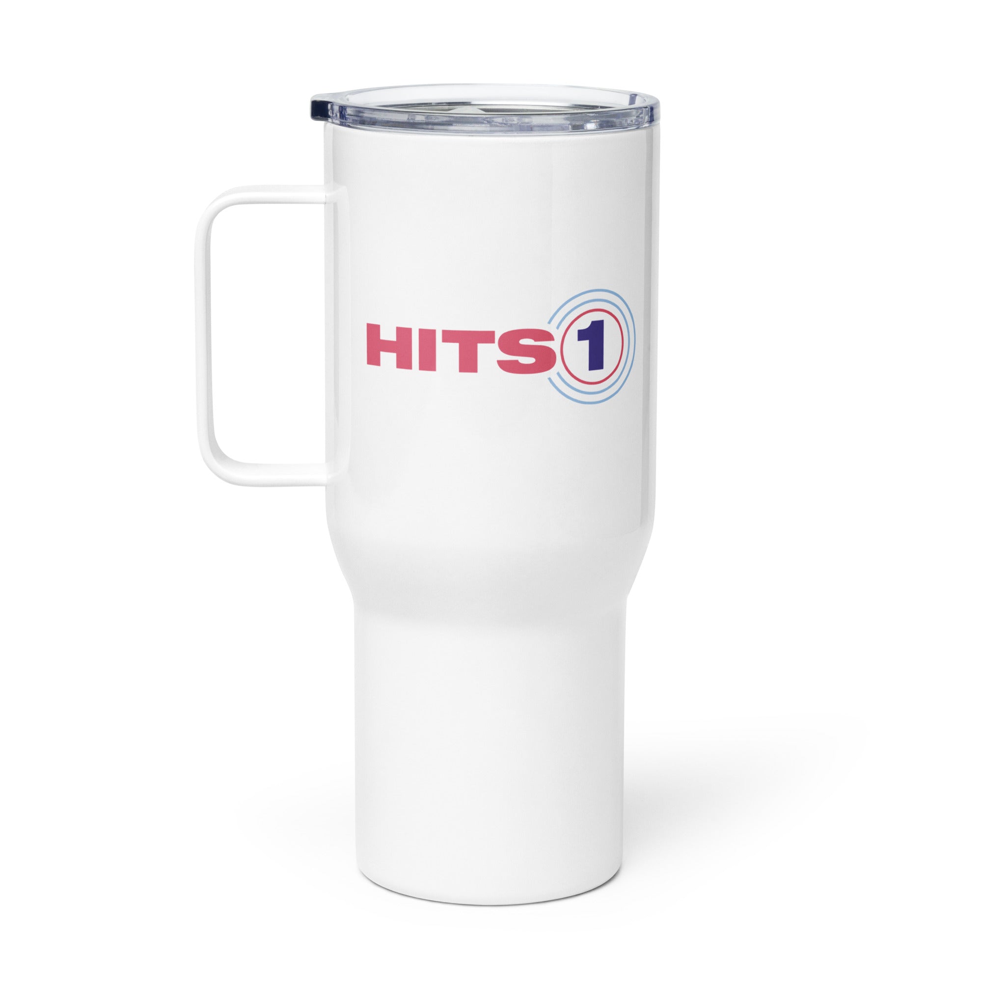 Travel Mug with 'Hits 1' logo on front.