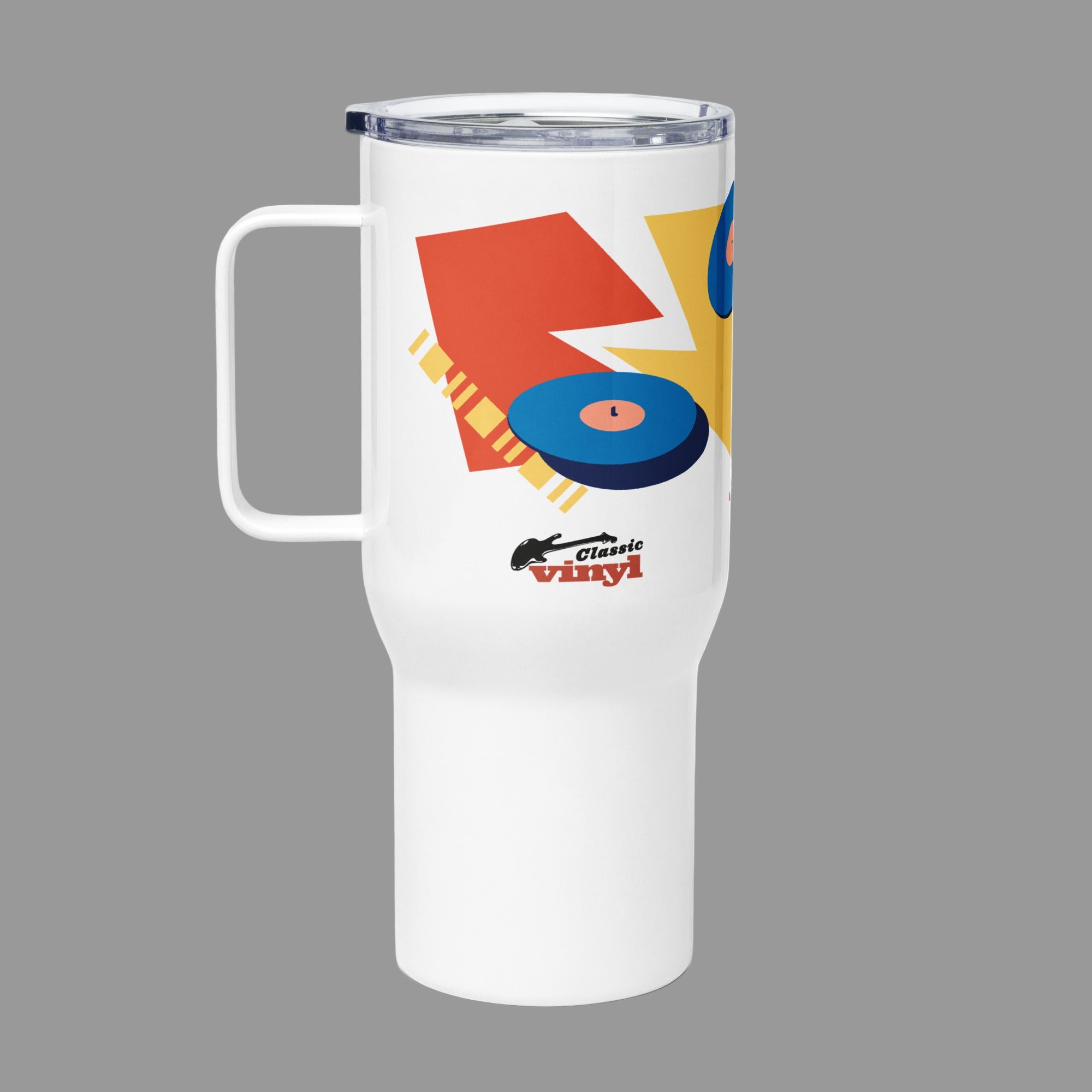 Right-side view of a white 25 oz travel mug with a handle and clear lid, shown on a gray background. The mug design includes two blue vinyl records and bold red and yellow shapes, with the 'Classic vinyl' logo printed near the bottom edge.
