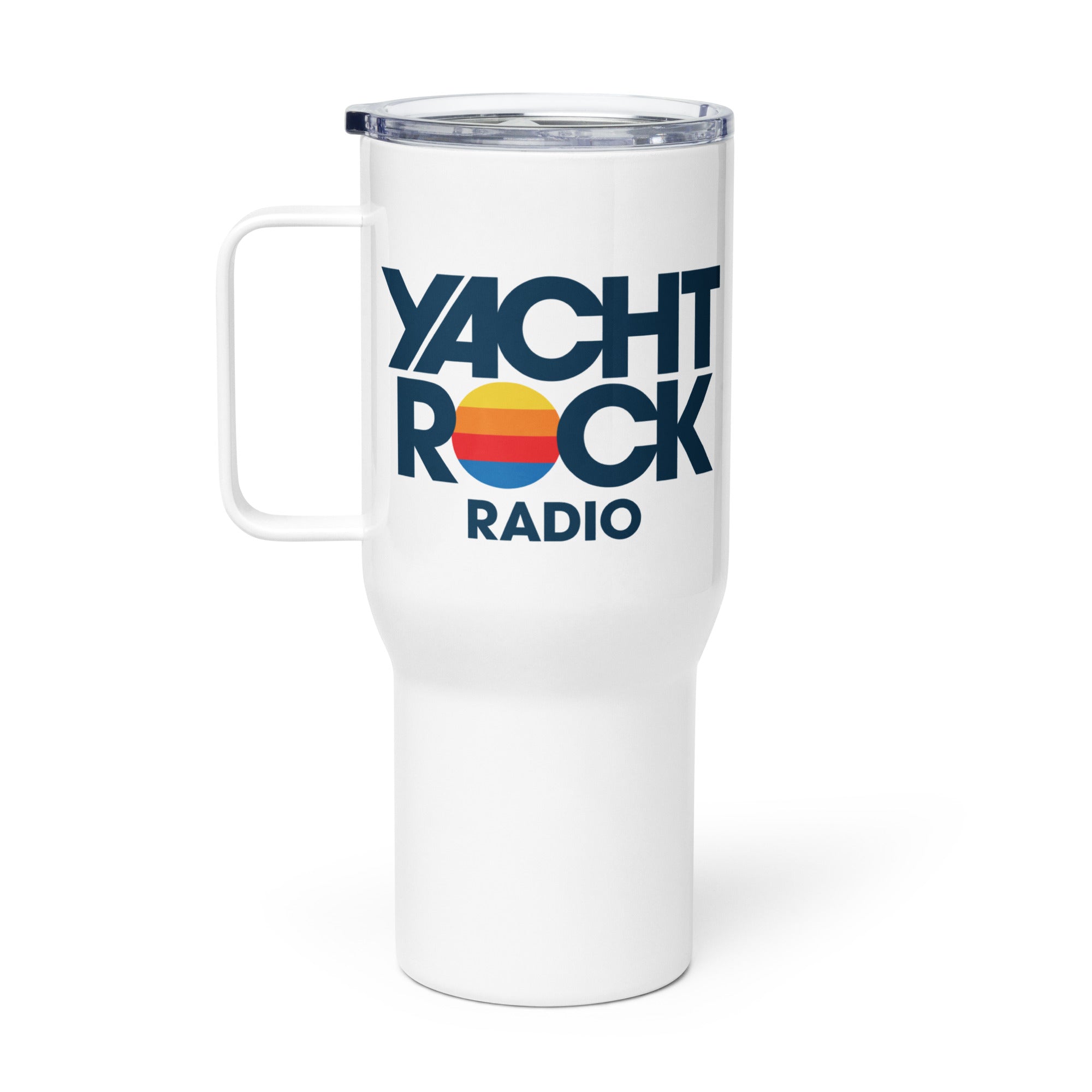 White travel mug with 'Yacht Rock Radio' text and logo on a white background