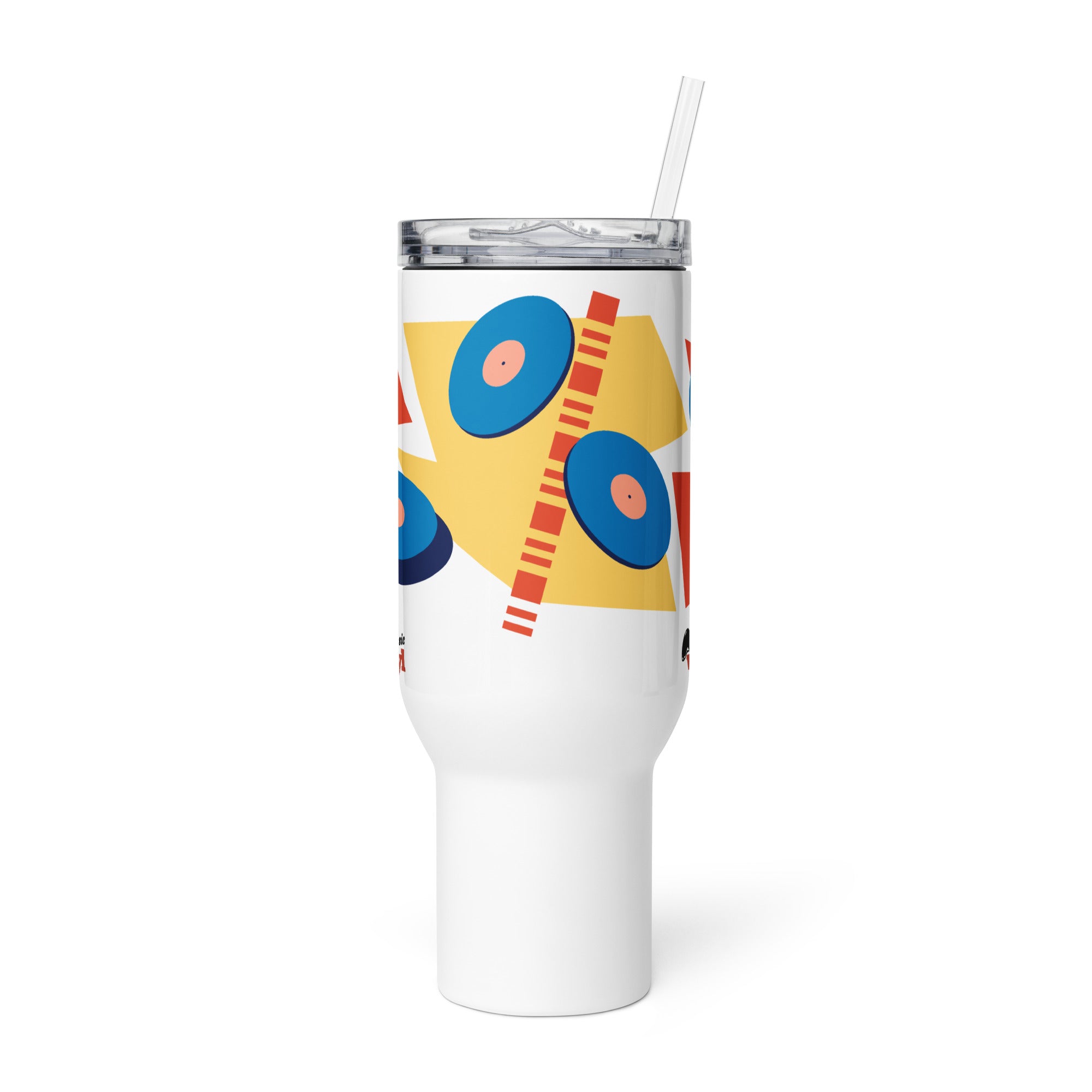 Front view of a white 40 oz travel mug with a clear lid and straw, displayed on a white background. The wraparound design features multiple blue vinyl records and colorful red and yellow geometric shapes with the 'Classic vinyl' logo printed near the bottom.