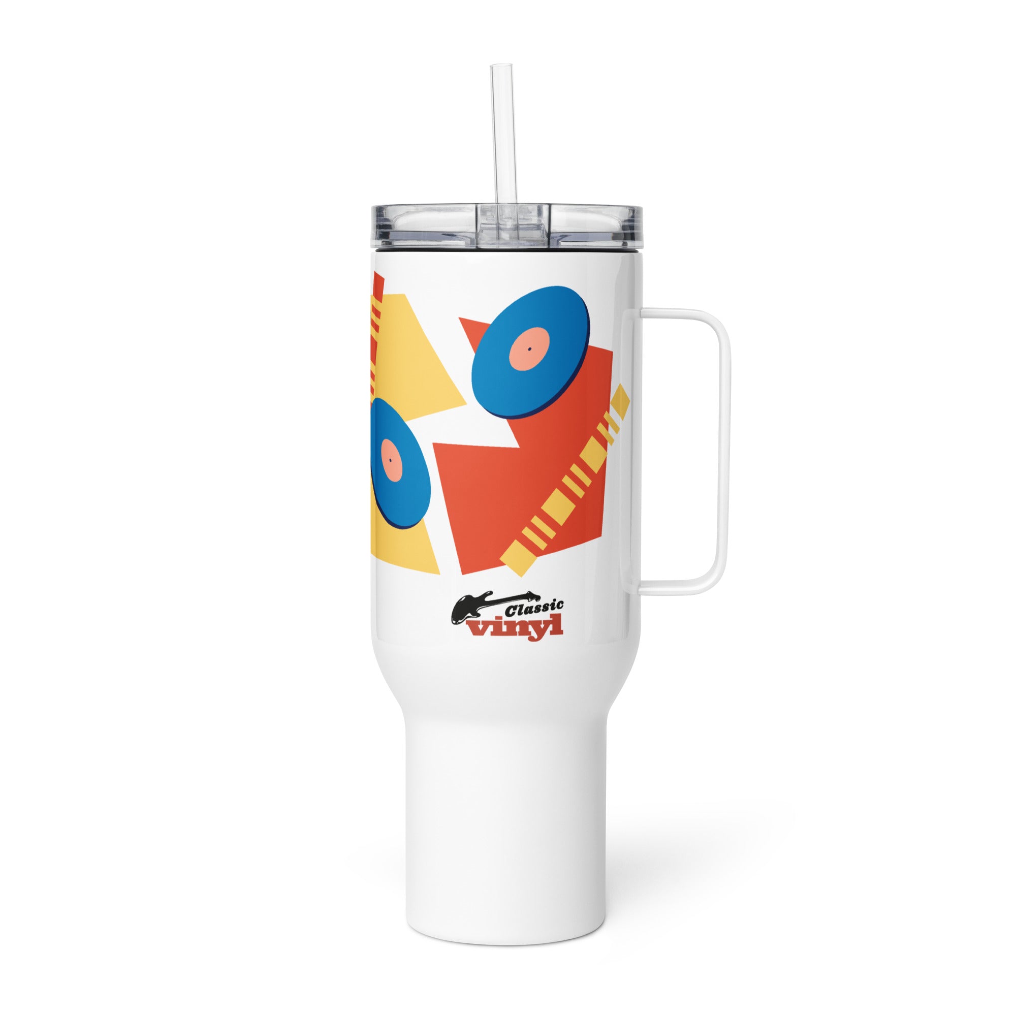 Left-side view of a white 40 oz travel mug with a handle, clear lid, and straw, shown on a white background. The mug displays an abstract design of two blue vinyl records with red and yellow shapes and the 'Classic vinyl' logo near the base.
