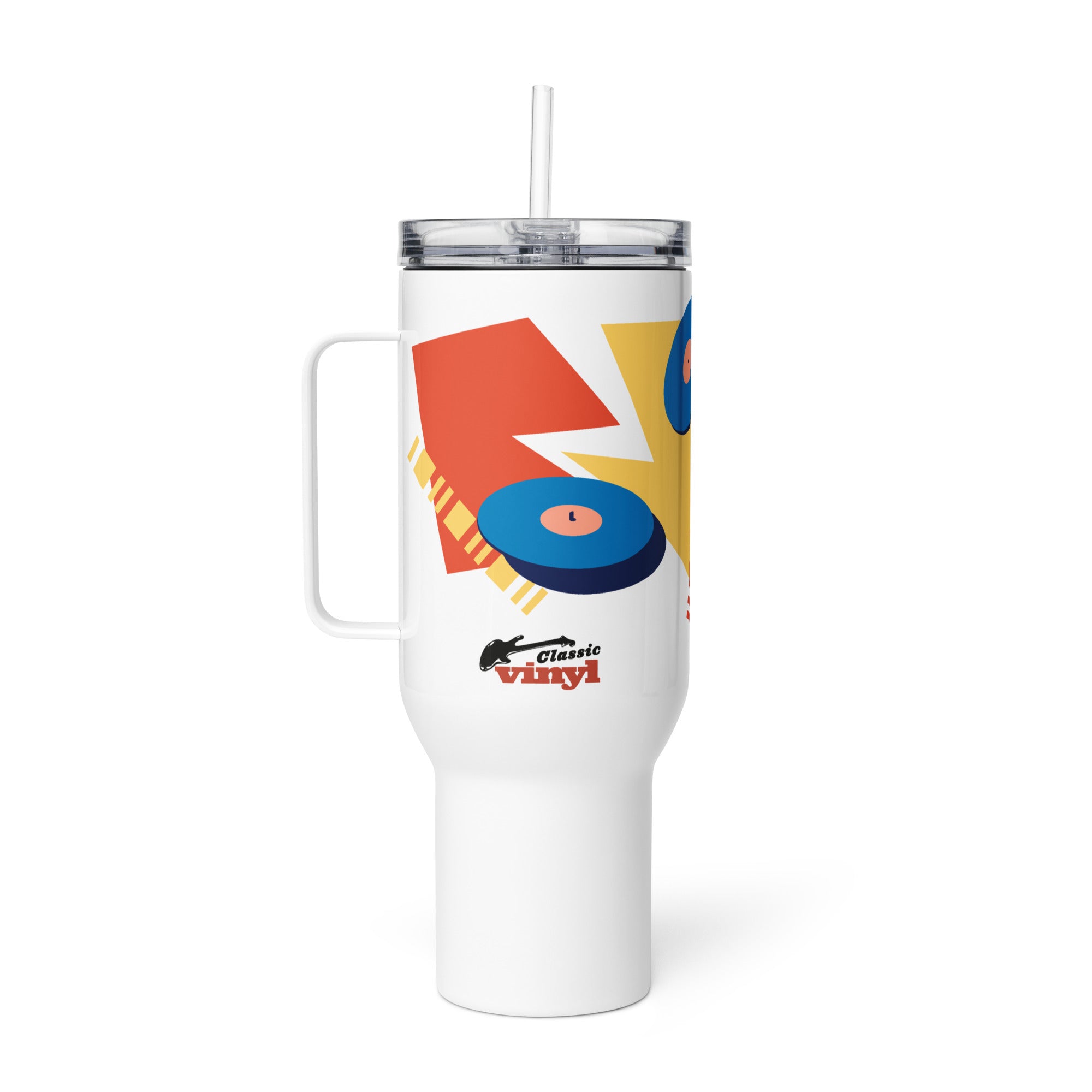 Right-side view of a white 40 oz travel mug with a handle, clear lid, and straw, displayed on a white background. The mug features a bright graphic of blue vinyl records over red and yellow geometric shapes with the 'Classic vinyl' logo printed near the bottom edge.