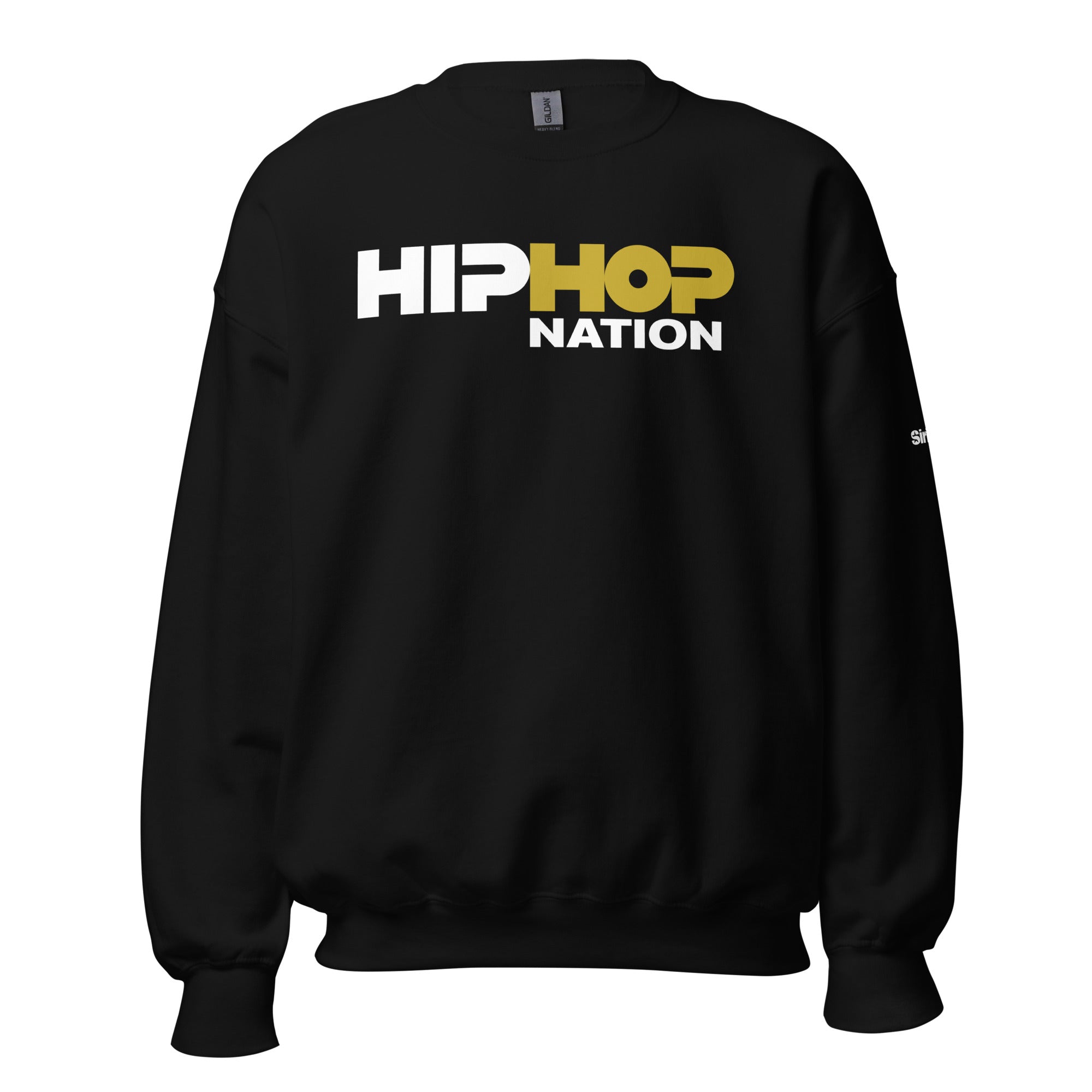 Black sweatshirt featuring 'HIP HOP NATION' in bold yellow and white lettering on the front.