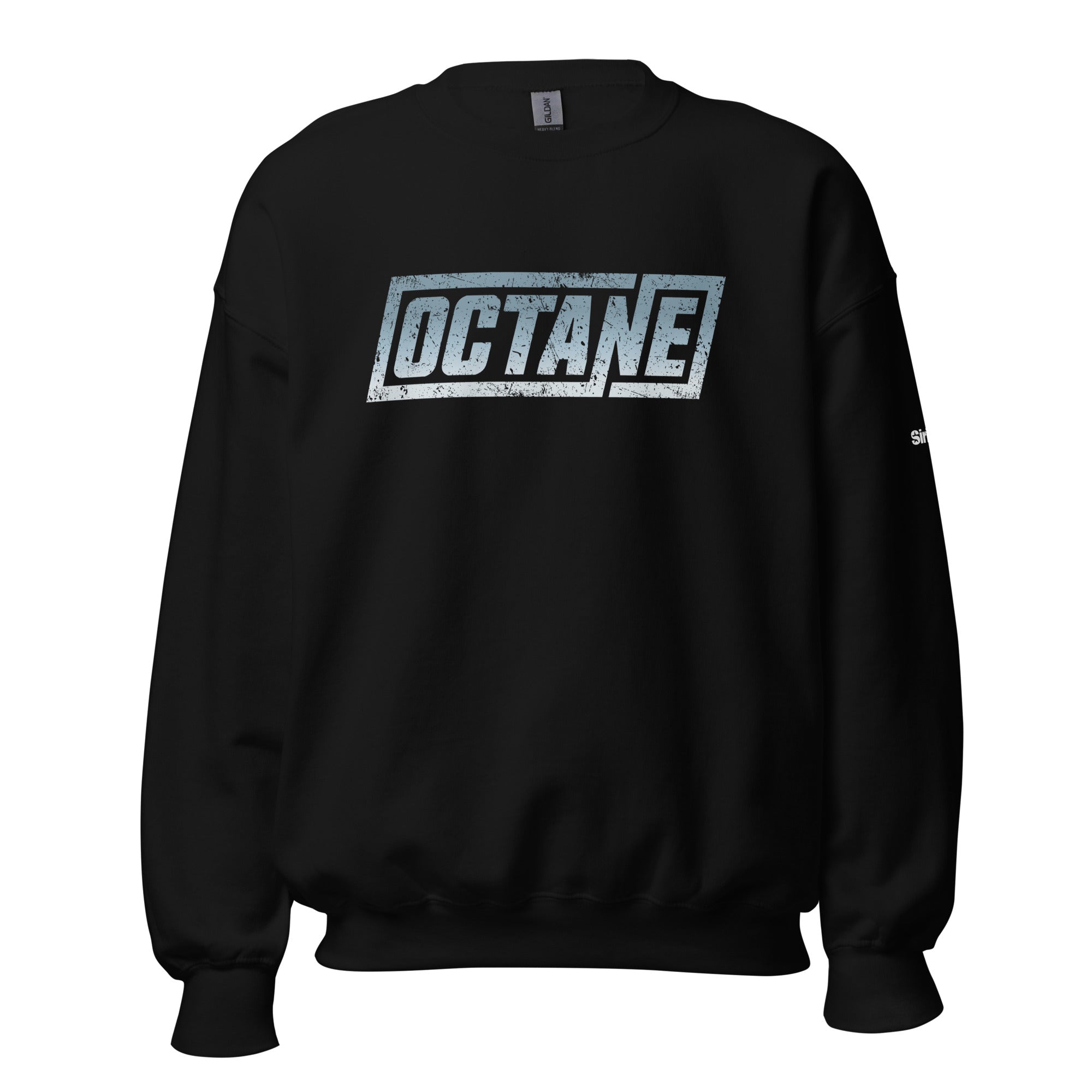 Black sweatshirt featuring a textured 'OCTANE' logo in blue and white.