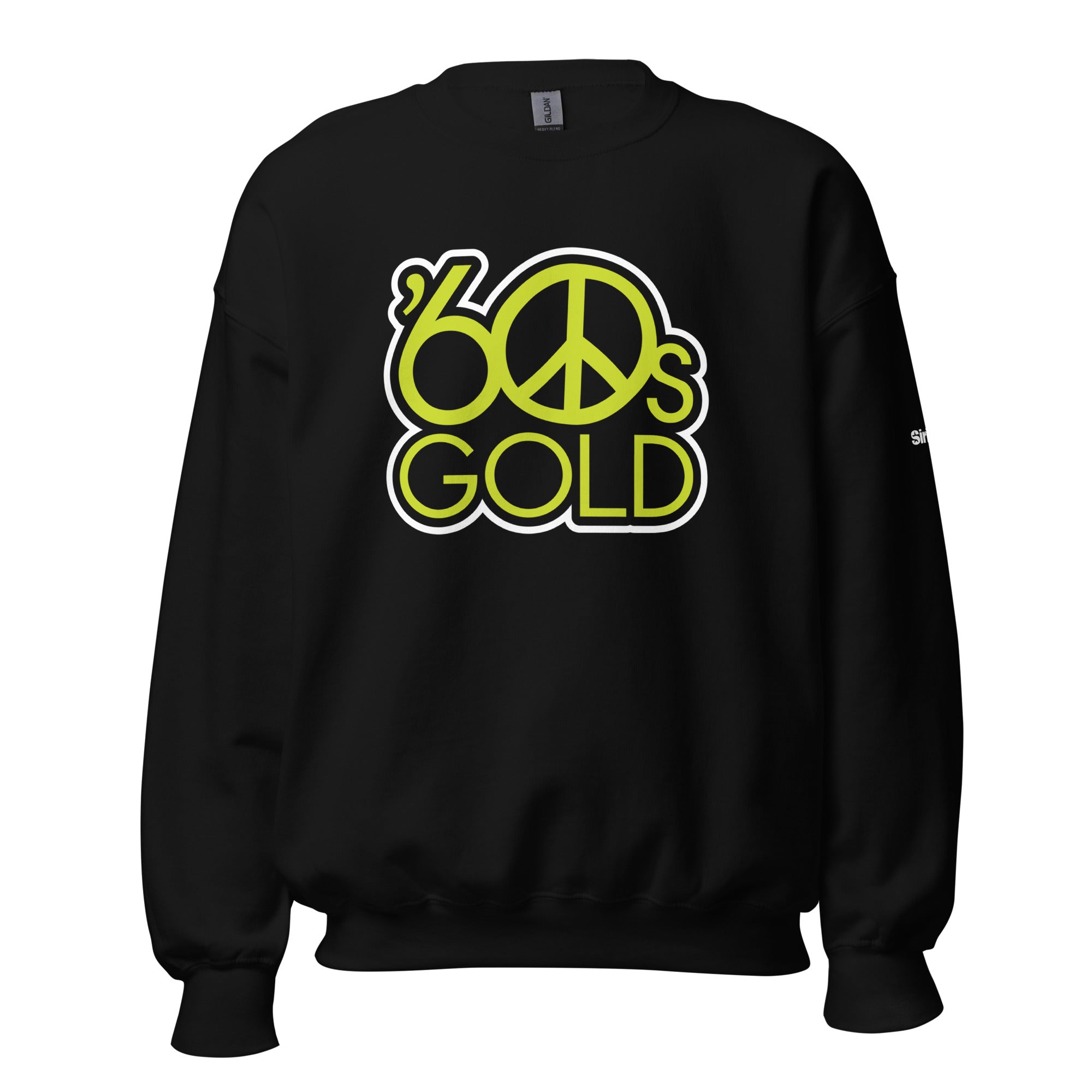 Black sweatshirt featuring '60s Gold' graphic with peace symbol in vibrant yellow and white.
