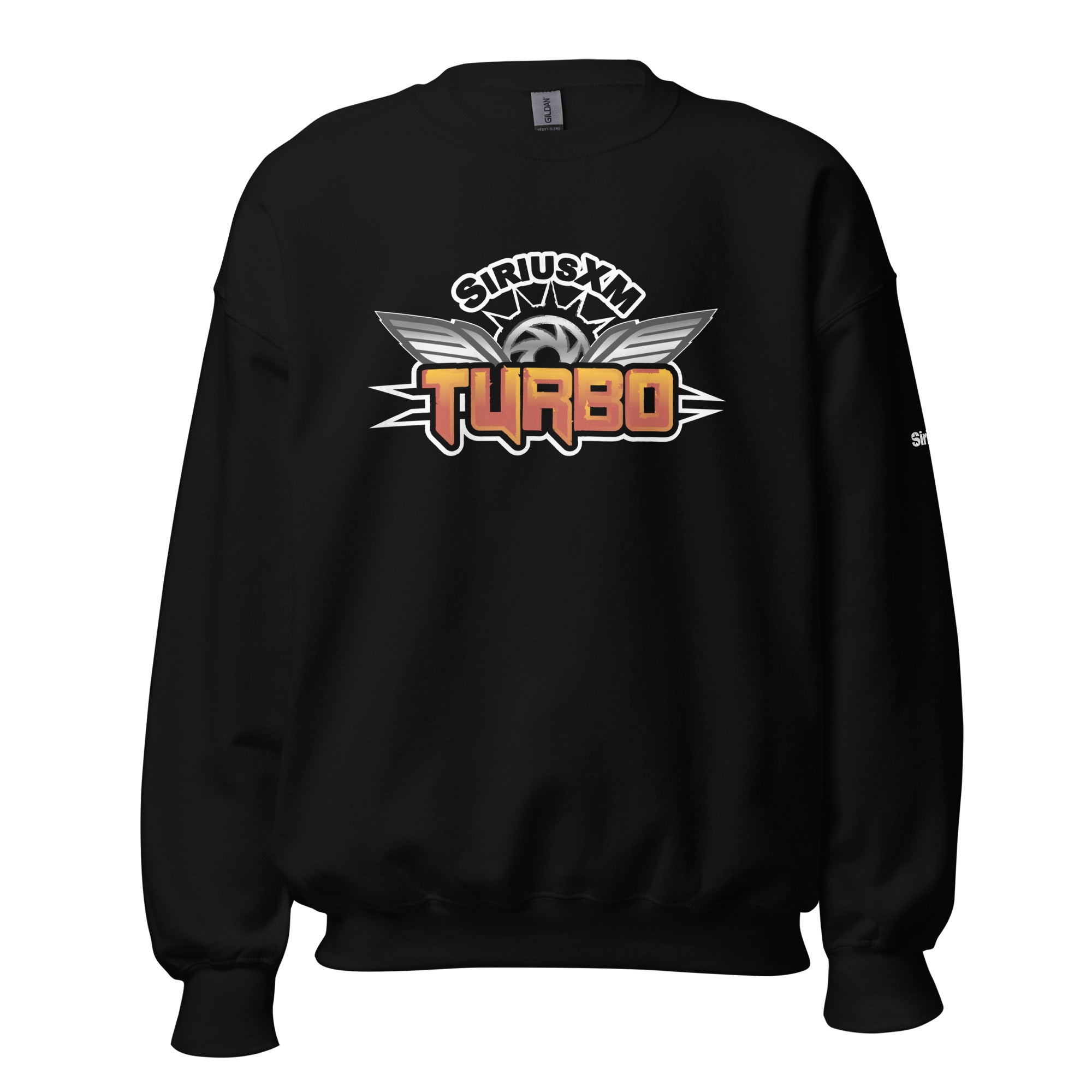 Black sweatshirt featuring the 'SiriusXM Turbo' logo in white and orange with wings and a bold design.