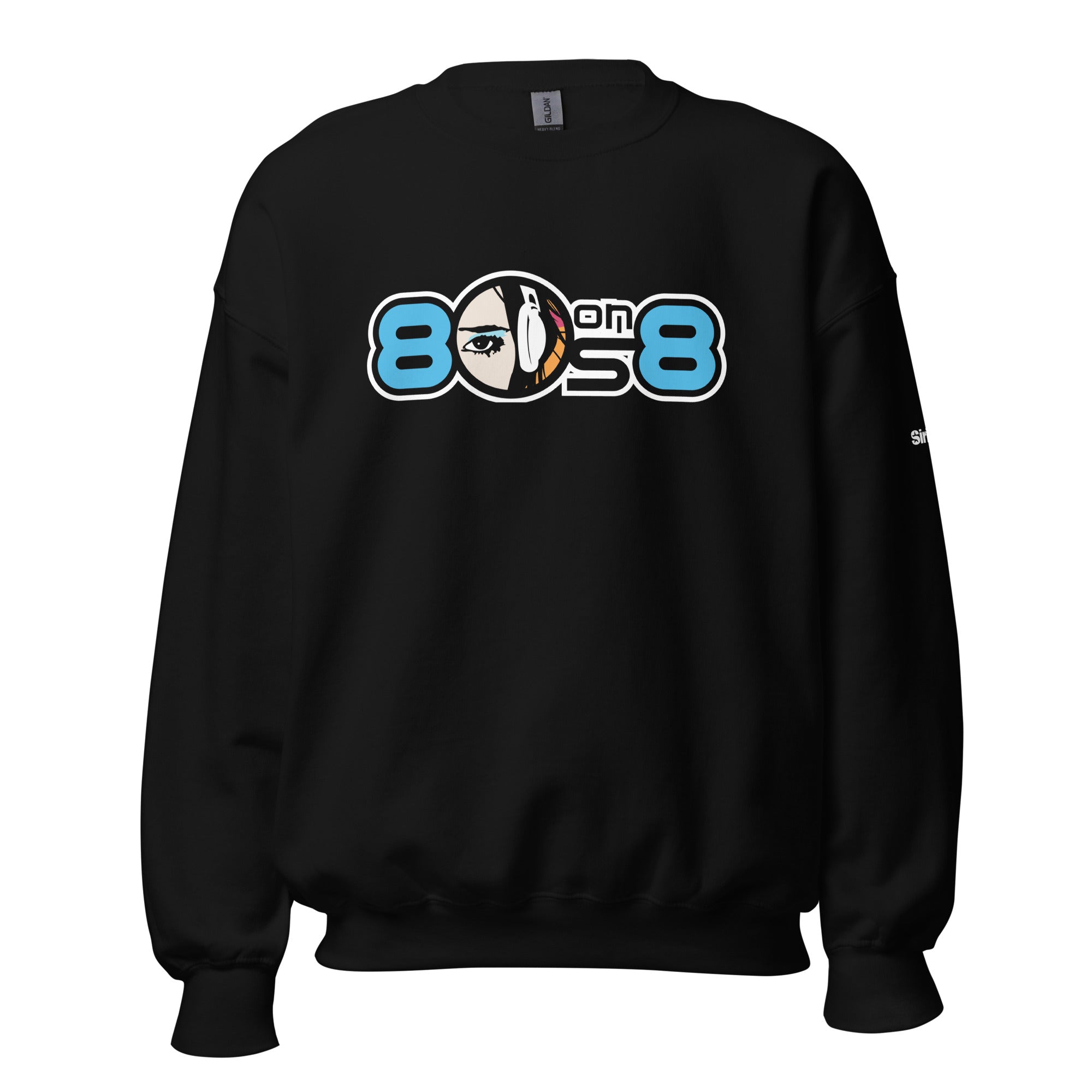 Black sweatshirt with '80s on 8' graphic featuring an eye and a headset design.