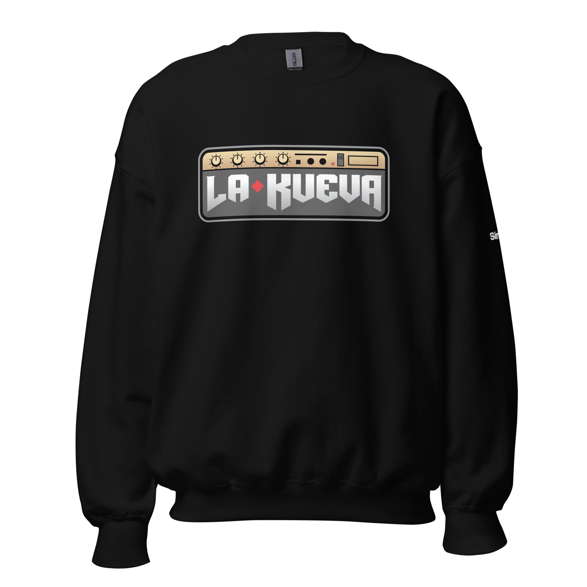 Black sweatshirt featuring 'LA KUEVA' logo and graphic elements resembling a sound mixer.