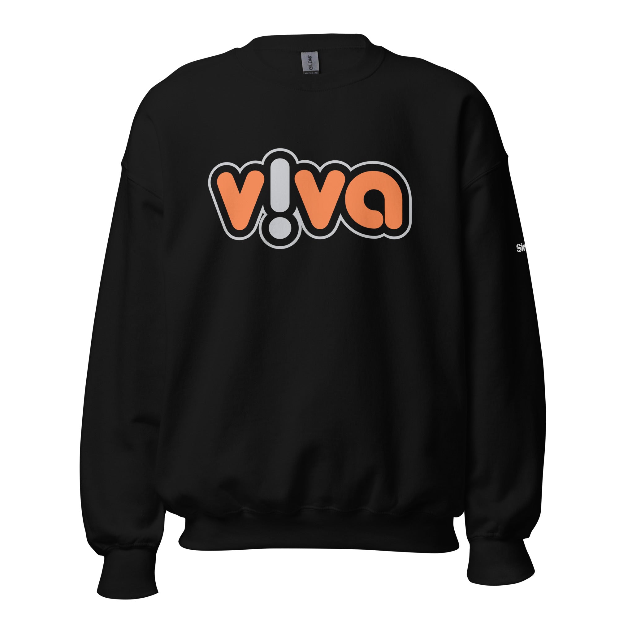 Black sweatshirt featuring bold 'v!va' graphic in orange and grey.