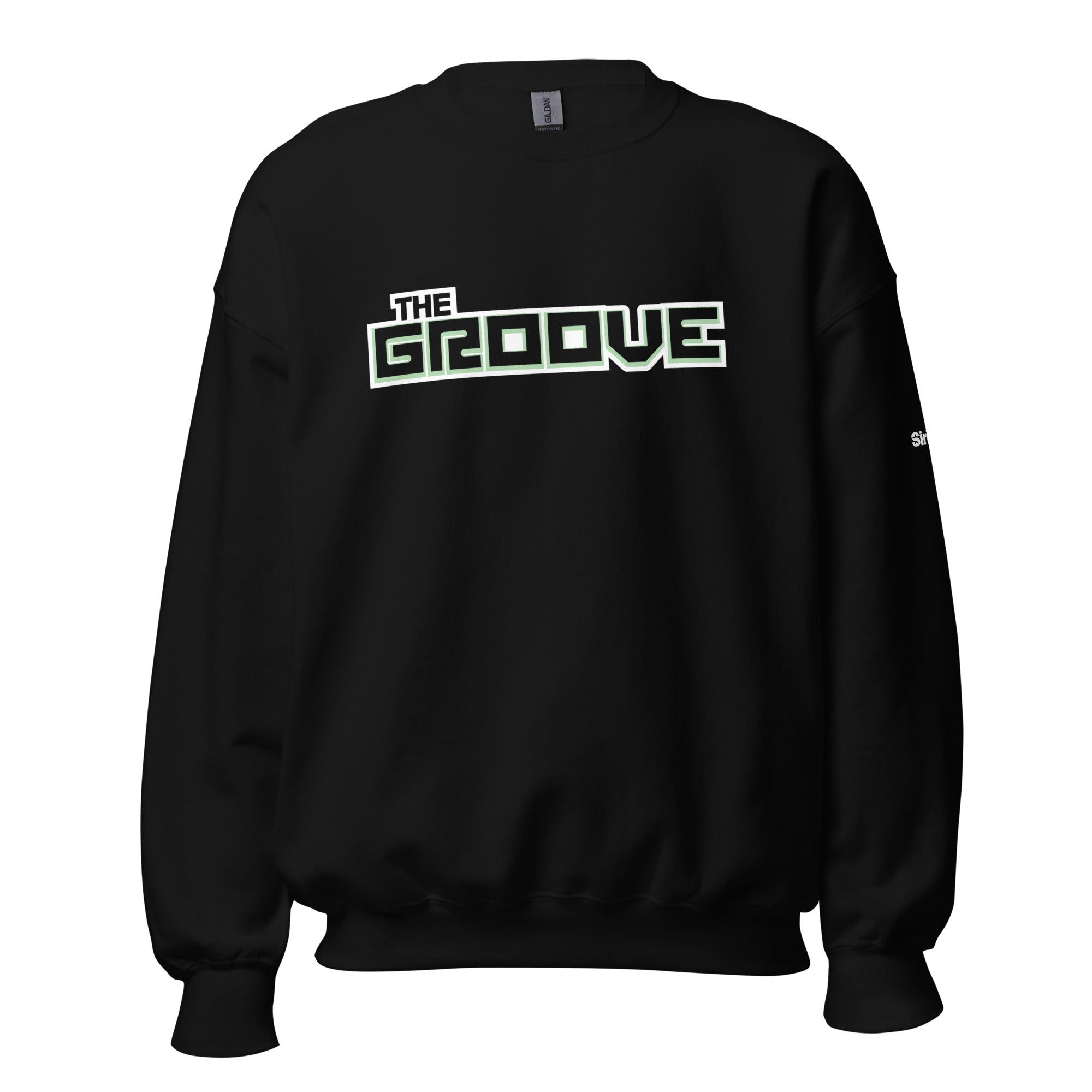 Black sweatshirt featuring 'THE GROOVE' logo in green and white.