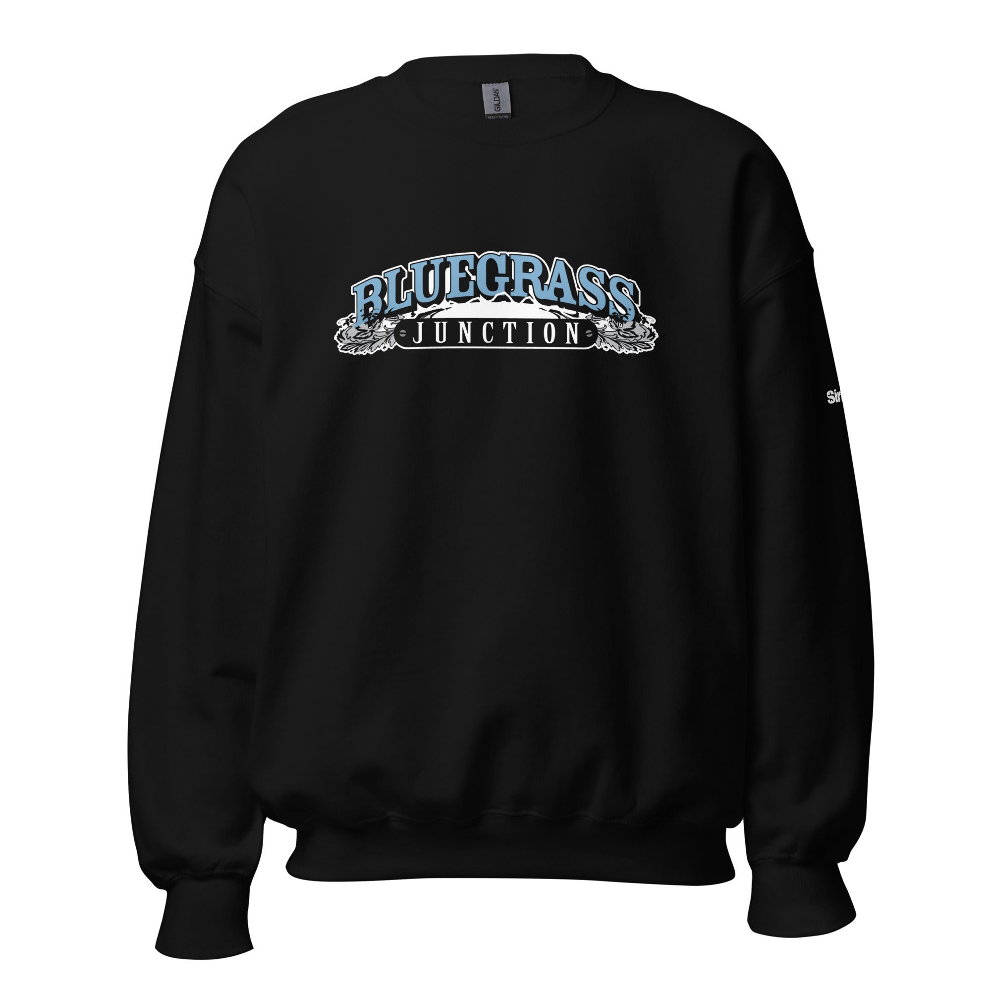 Black sweatshirt featuring 'BLUEGRASS JUNCTION' graphic in blue and white. Casual and stylish design for comfort.