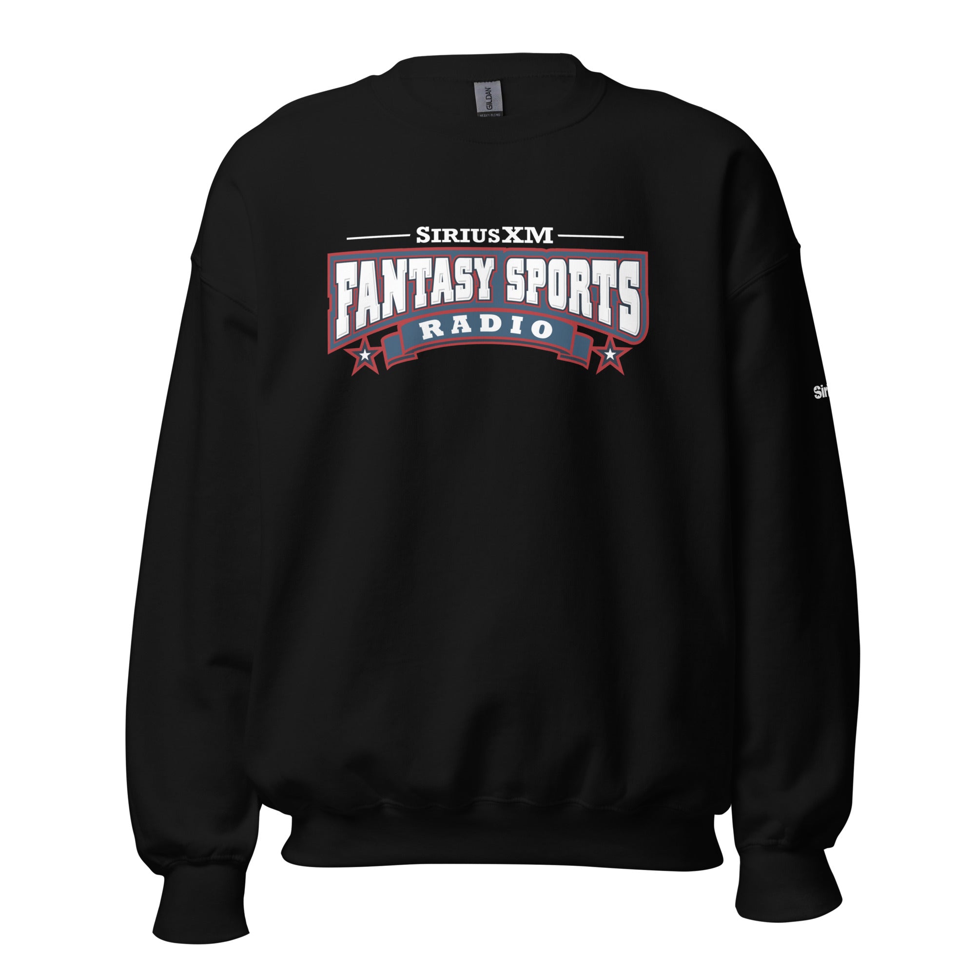 Black sweatshirt featuring the 'SiriusXM Fantasy Sports Radio' logo in red, white and blue.