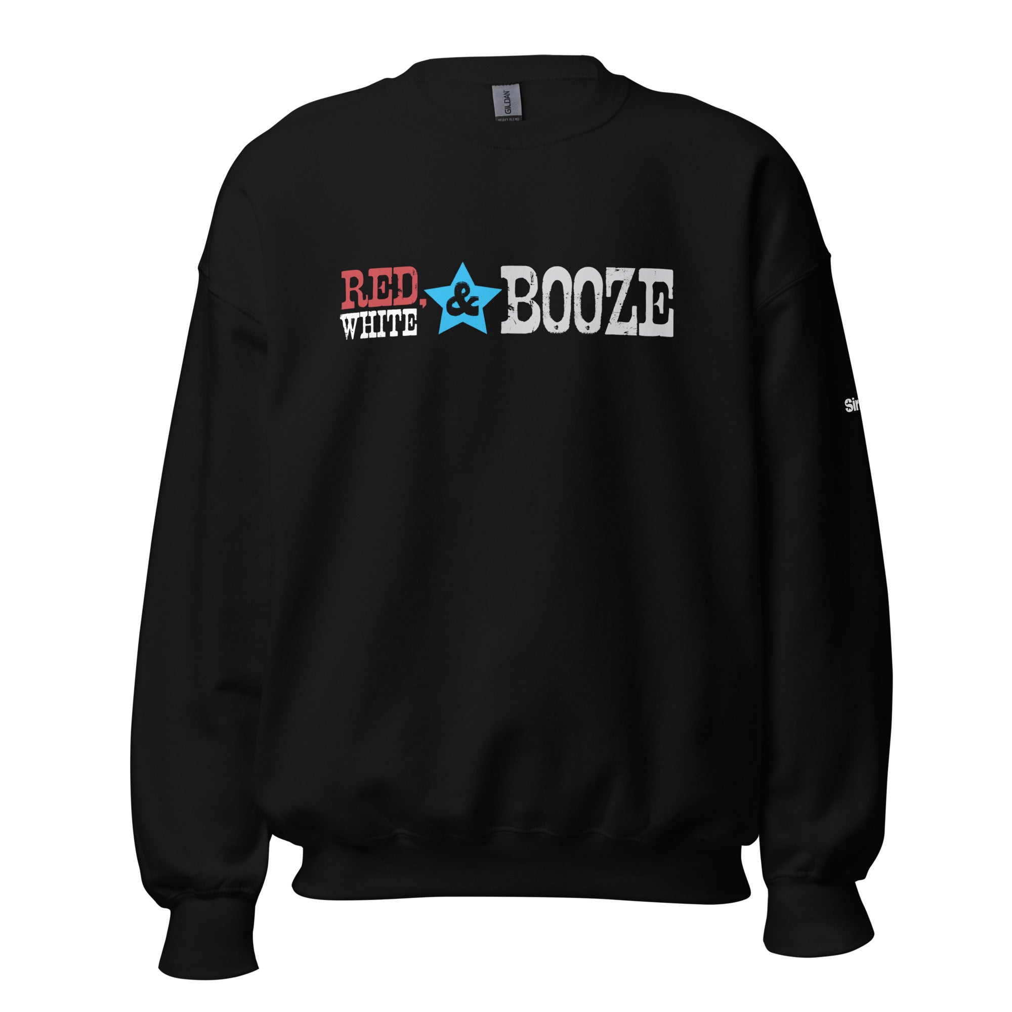 Black sweatshirt with the text 'RED, WHITE & BOOZE' featuring a star graphic.