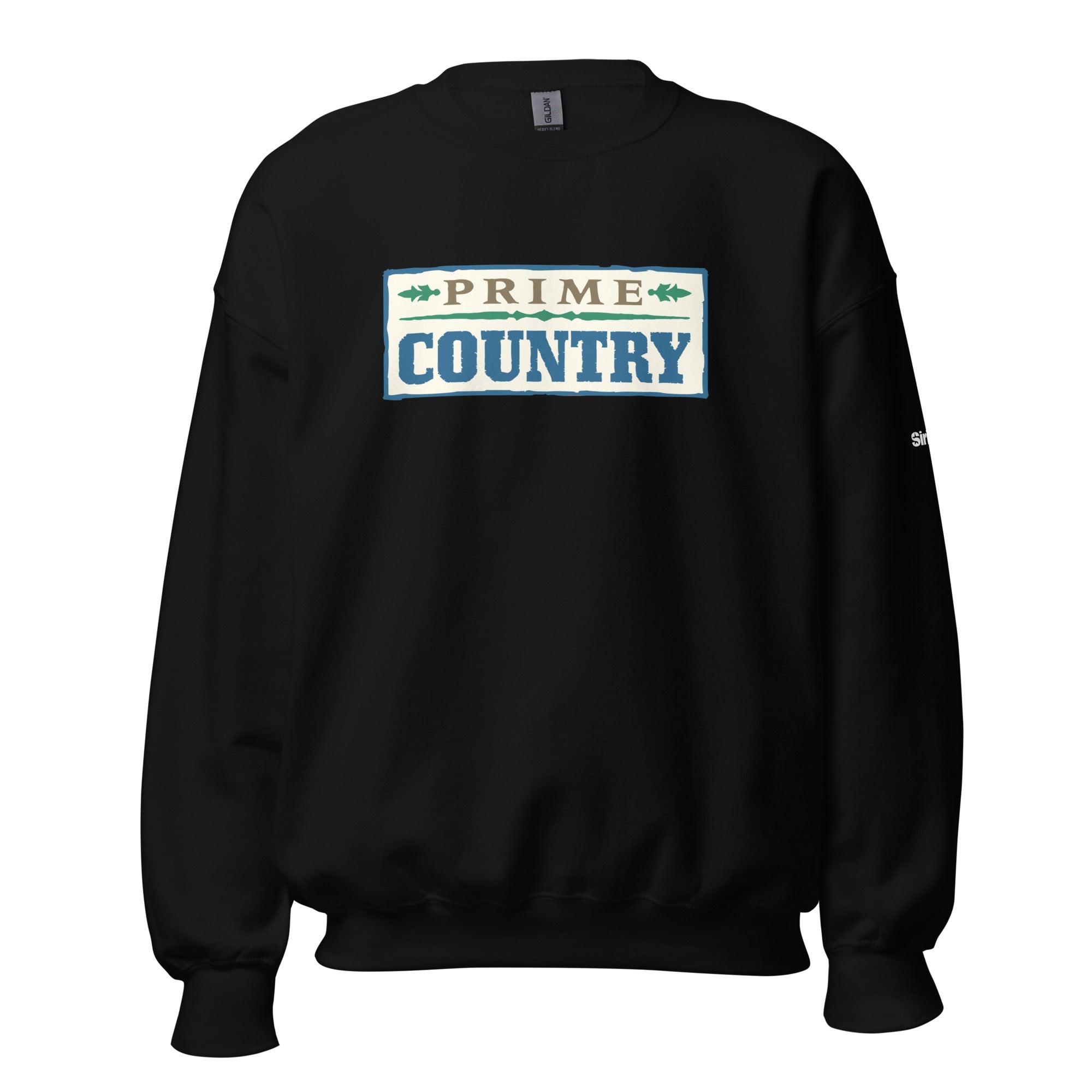 Black sweatshirt featuring 'Prime Country' graphic design in whire, blue, green, and brown.