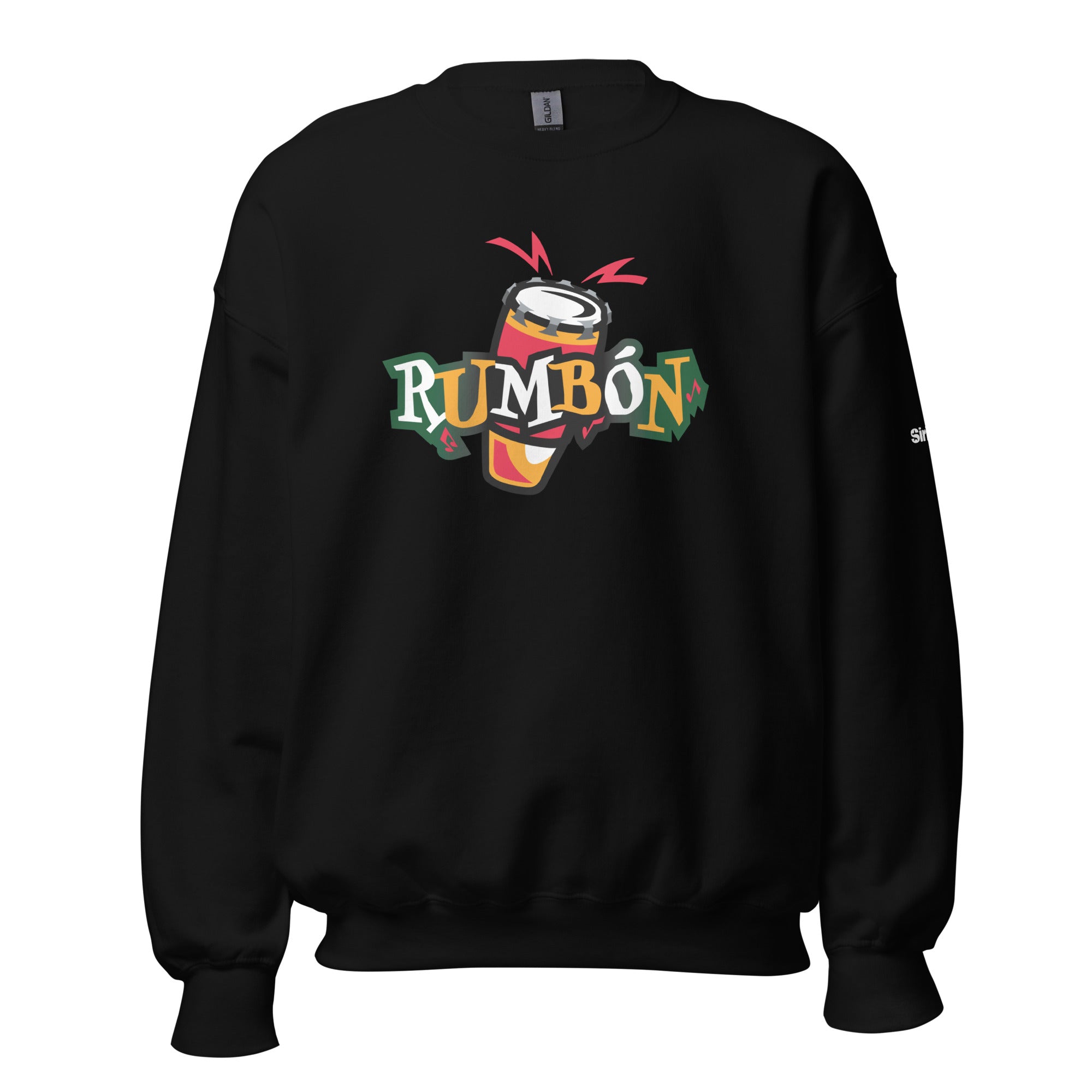 Black sweatshirt featuring colorful 'RUMBÓN' logo with a stylized drum design.