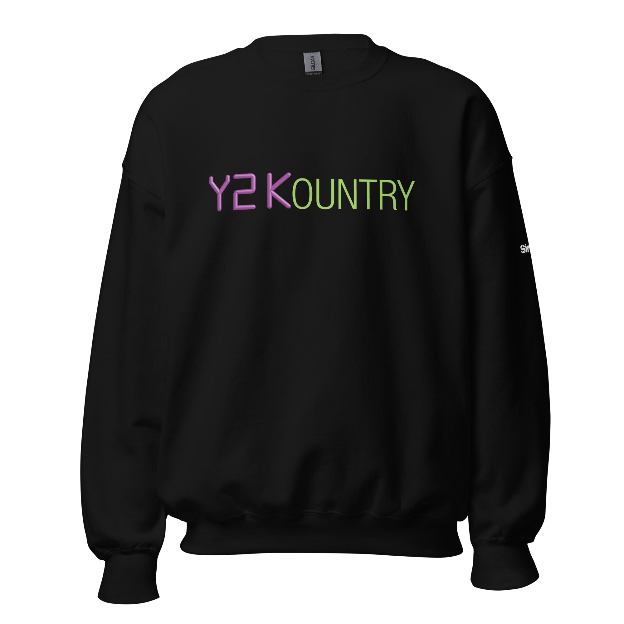 Black sweatshirt featuring the text 'Y2KOUNTRY' in vibrant purple and green letters.