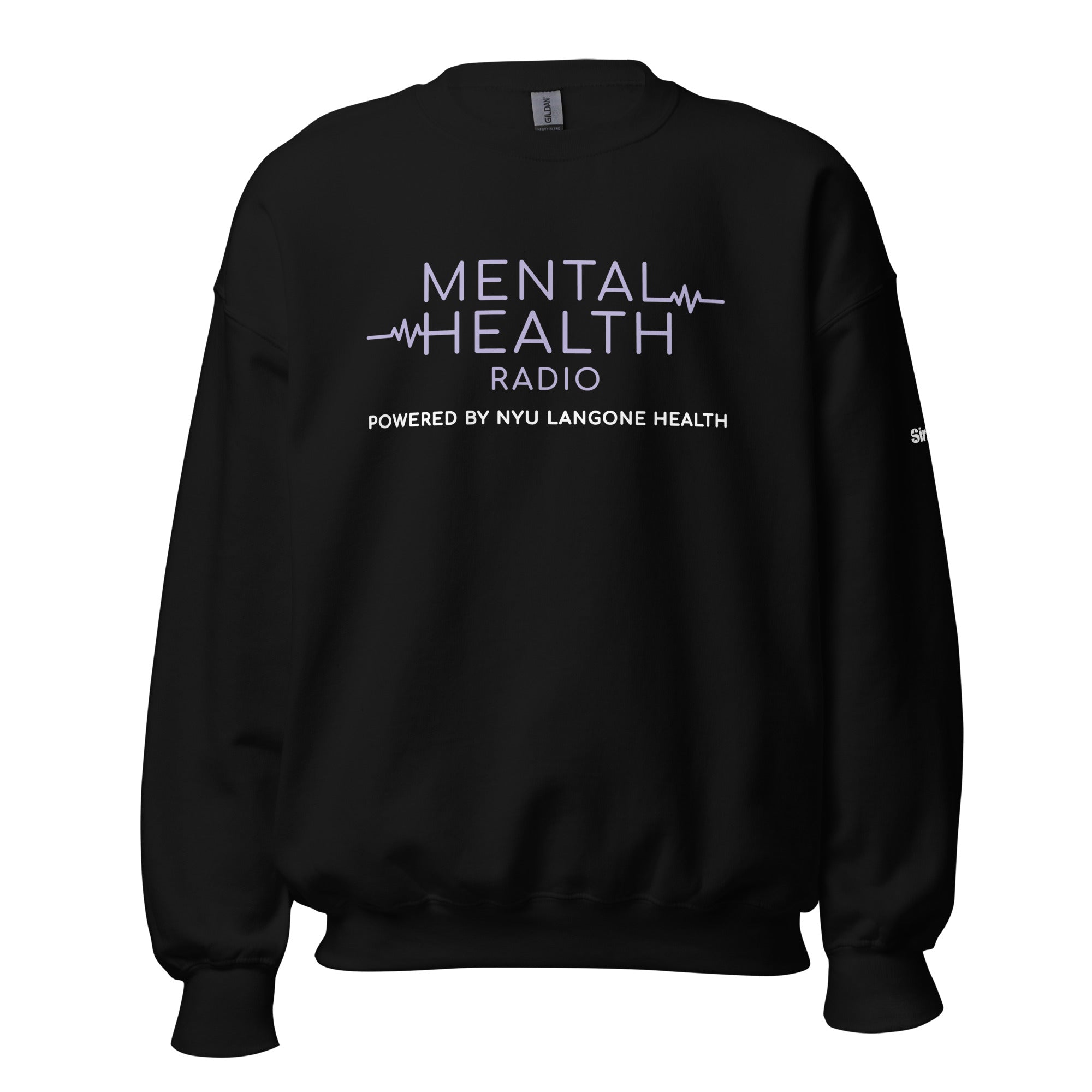 Black sweatshirt featuring 'Mental Health Radio' in light purple and 'Powered by NYU Langone Health' text in white.