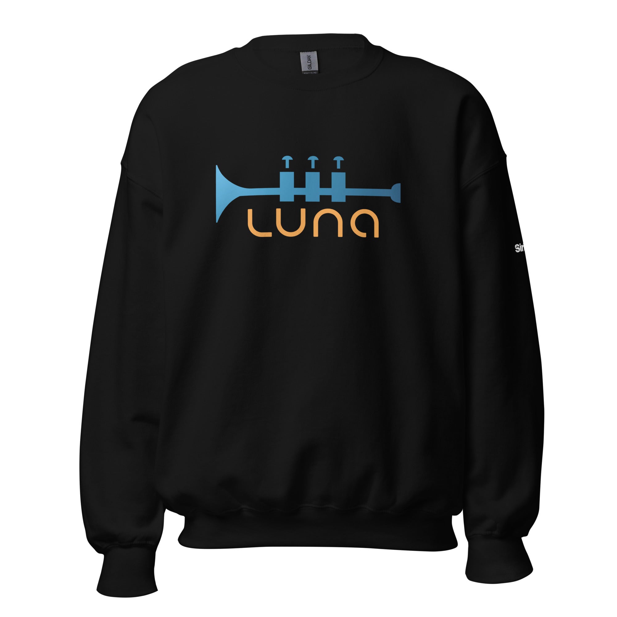 Black sweatshirt featuring a trumpet graphic in blue with the word 'LUNA' in orange.