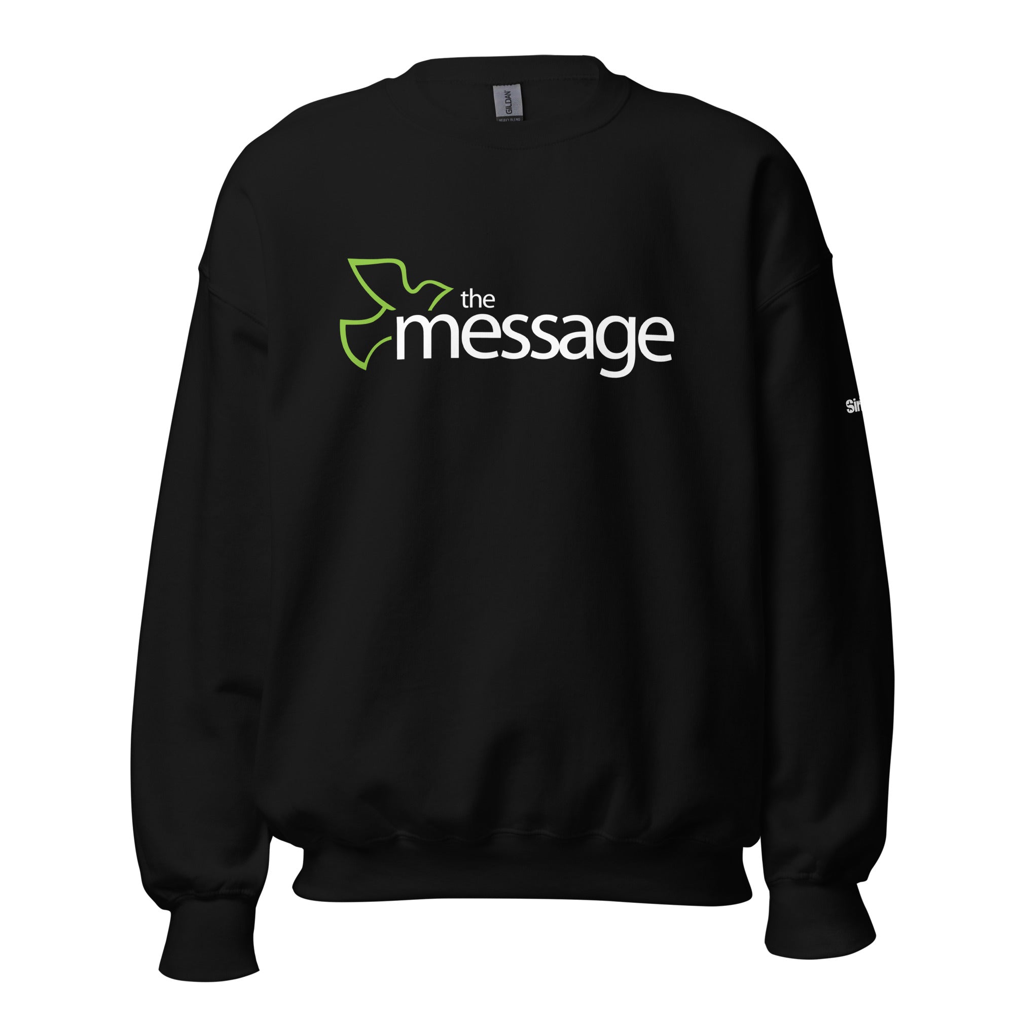 Black sweatshirt with 'the message' logo in white white with green bird design on the front.