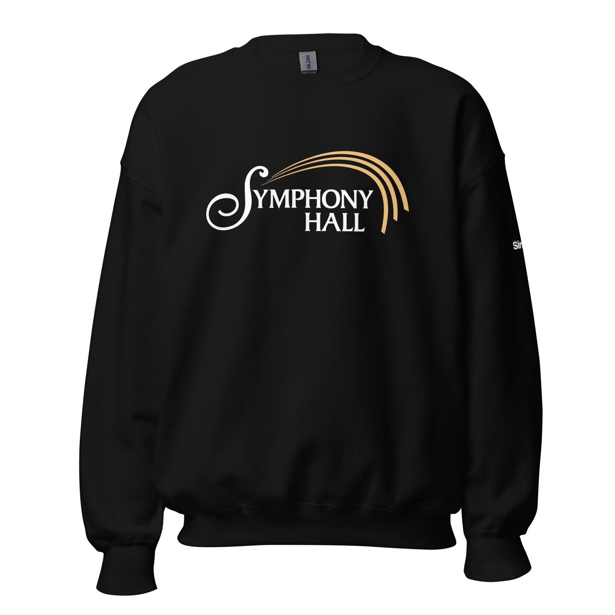 Black sweatshirt featuring the text 'SYMPHONY HALL' in white and gold.