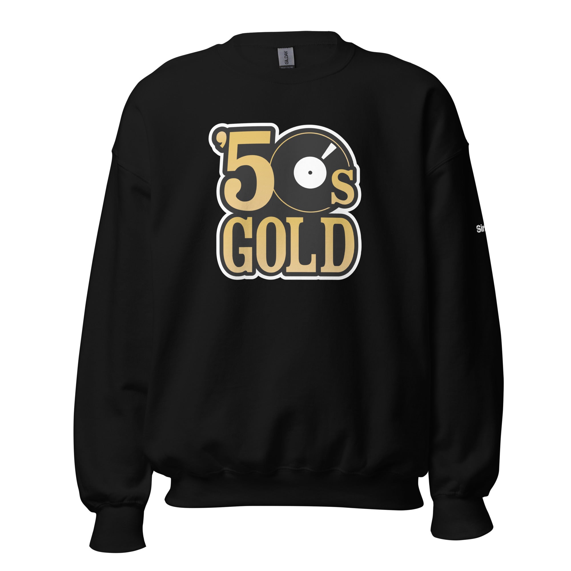 Black sweatshirt featuring '50s GOLD' graphic in gold, black, and white and a vinyl record design.