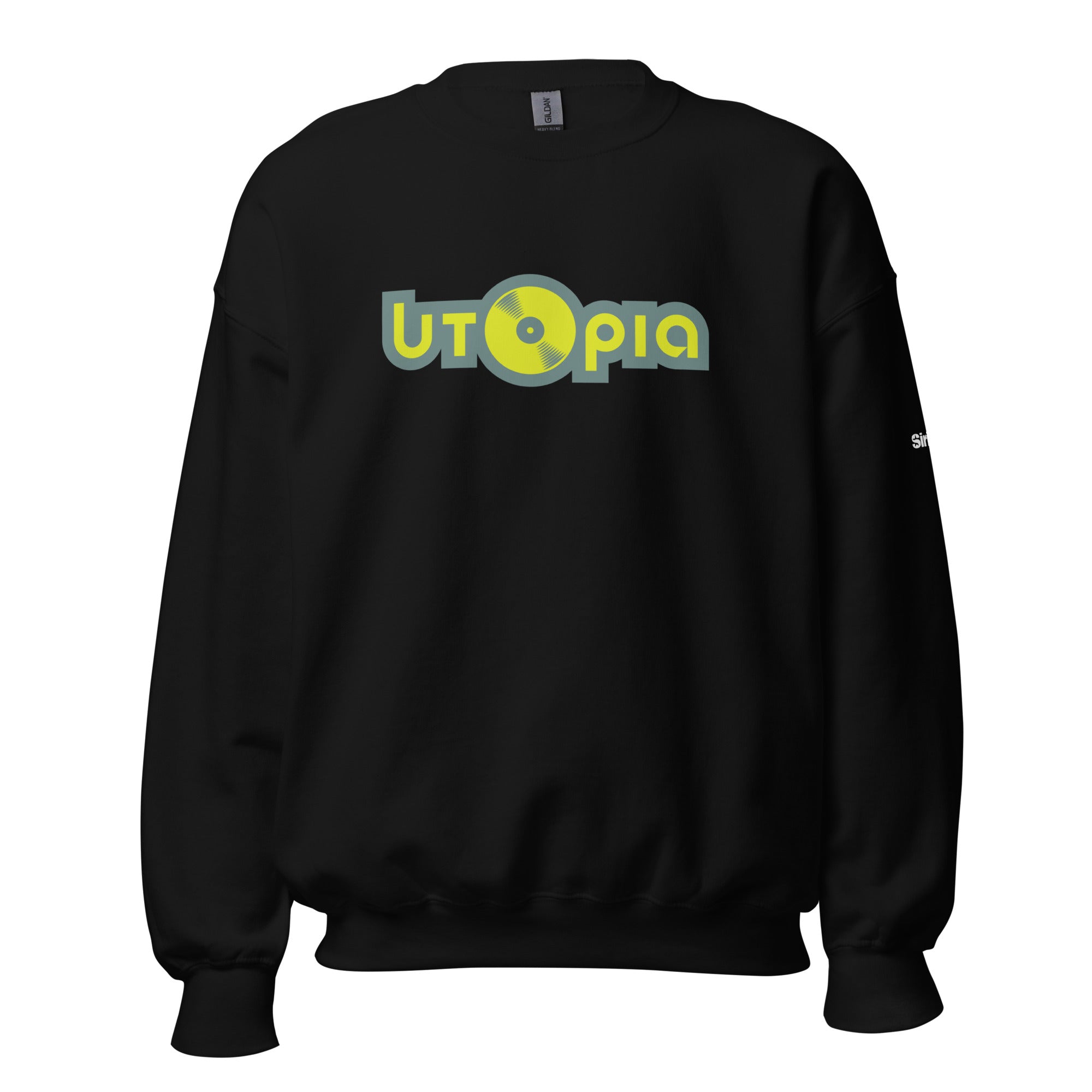 Black sweatshirt featuring the word 'Utopia' with a circular vinyl design in green and yellow.