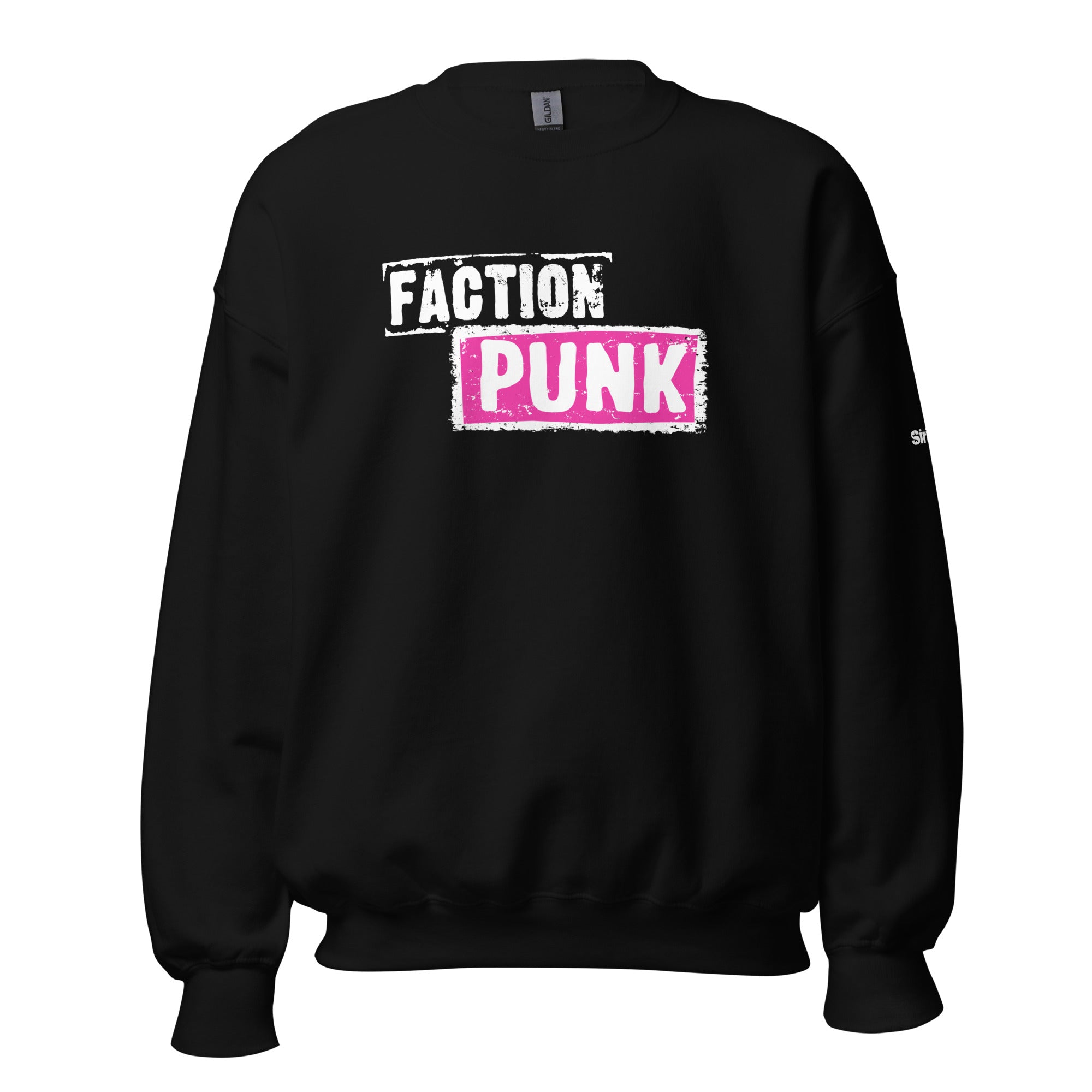 Black sweatshirt with the text 'FACTION PUNK' in bold white and pink colors.