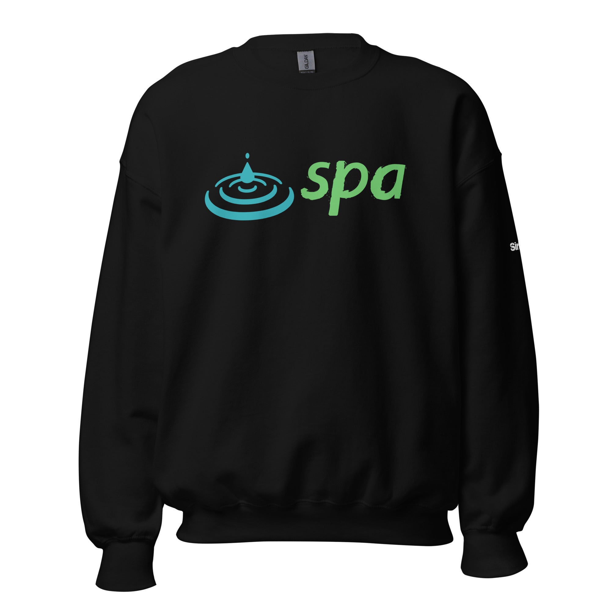 Black sweatshirt with 'spa' logo featuring a water droplet and ripple design in blue and green.