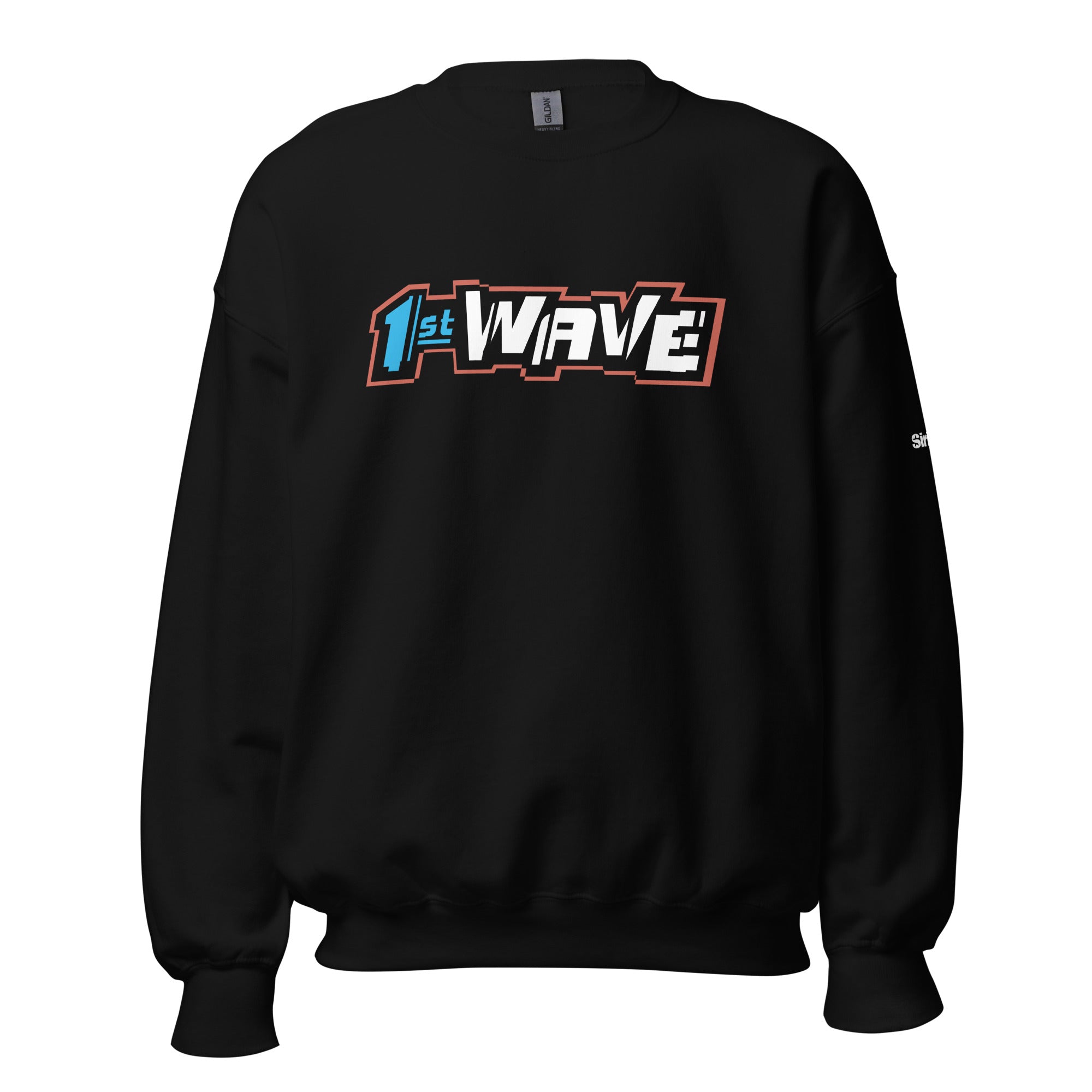 Black sweatshirt featuring '1st WAVE' logo in bold, white and blue letters and red outline.